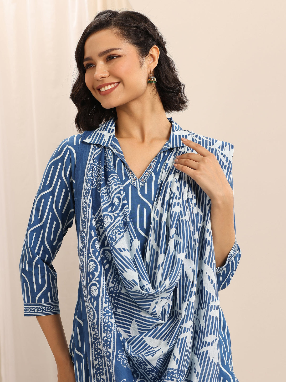 Anouk Blue Printed Cotton Blend Straight Suit Set With Dupatta