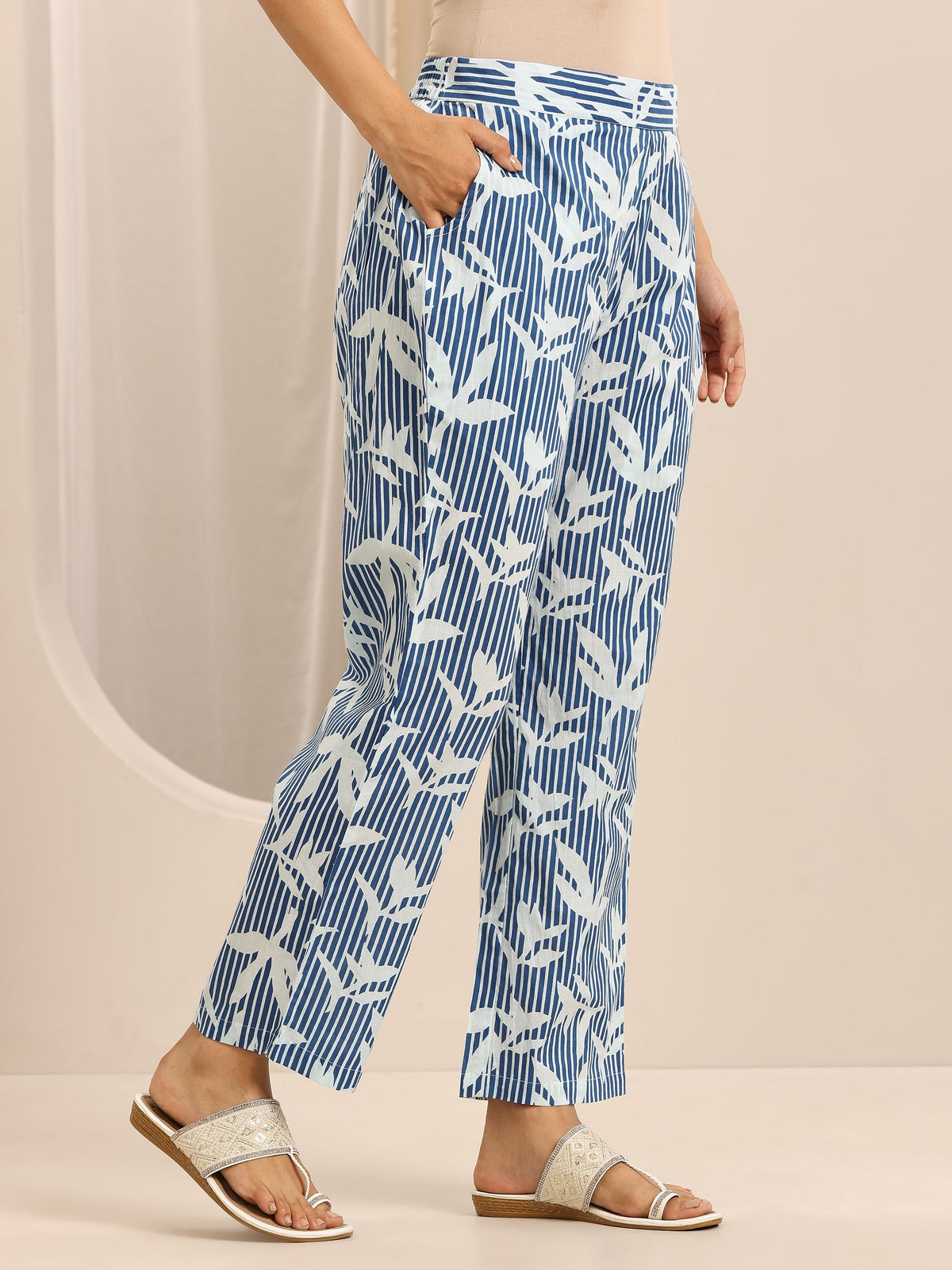 Anouk Blue Printed Cotton Blend Straight Suit Set With Dupatta