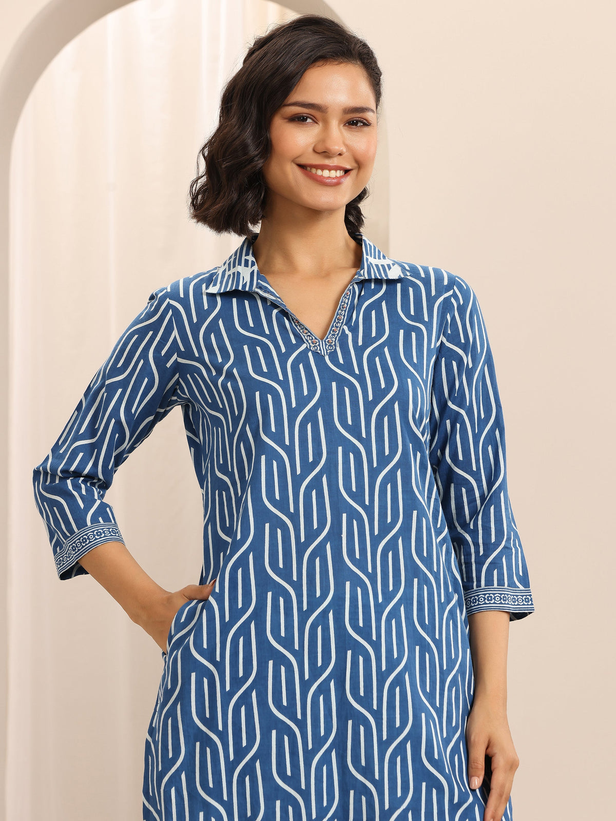 Anouk Blue Printed Cotton Blend Straight Suit Set With Dupatta