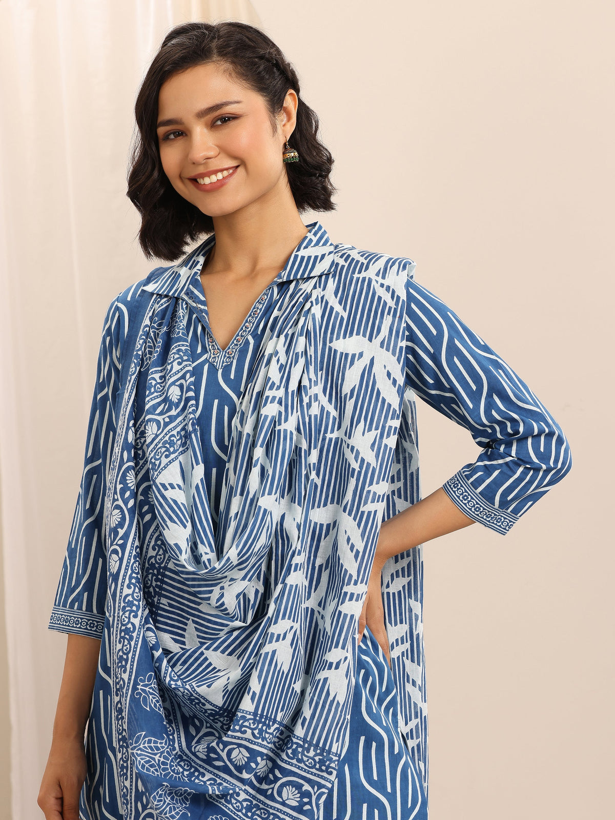 Anouk Blue Printed Cotton Blend Straight Suit Set With Dupatta