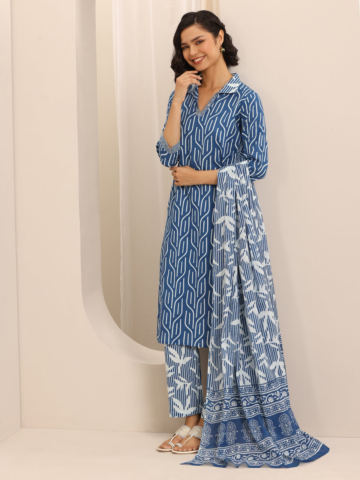 Anouk Blue Printed Cotton Blend Straight Suit Set With Dupatta