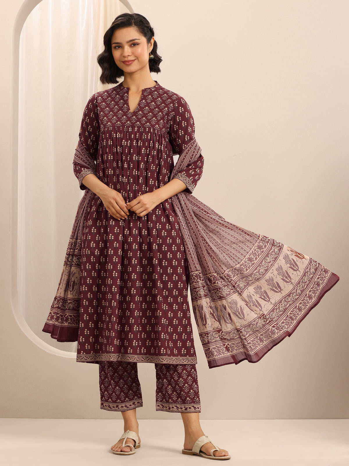 Anouk Maroon Printed Cotton Blend Anarkali Suit Set With Dupatta