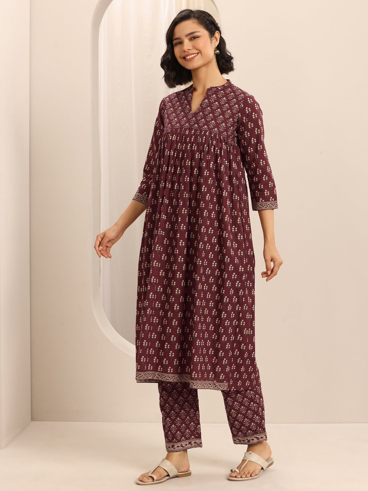 Anouk Maroon Printed Cotton Blend Anarkali Suit Set With Dupatta