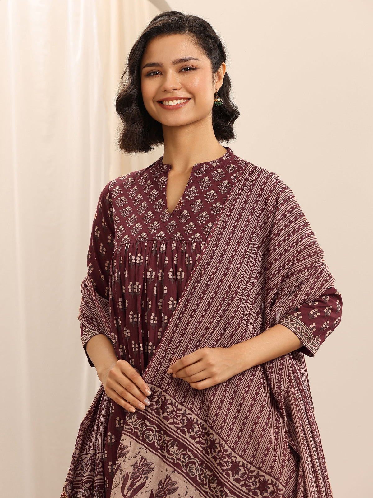 Anouk Maroon Printed Cotton Blend Anarkali Suit Set With Dupatta