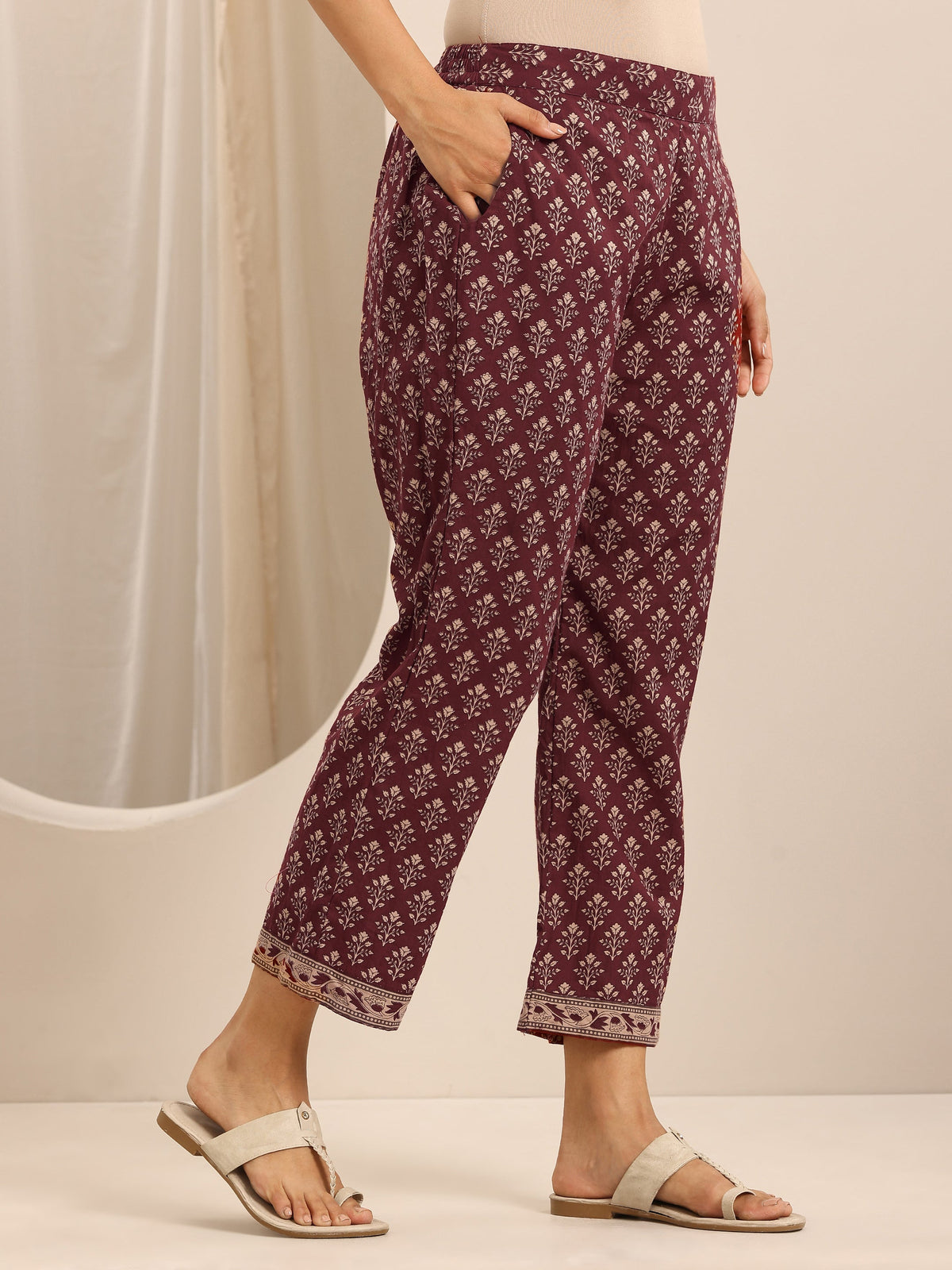 Anouk Maroon Printed Cotton Blend Anarkali Suit Set With Dupatta