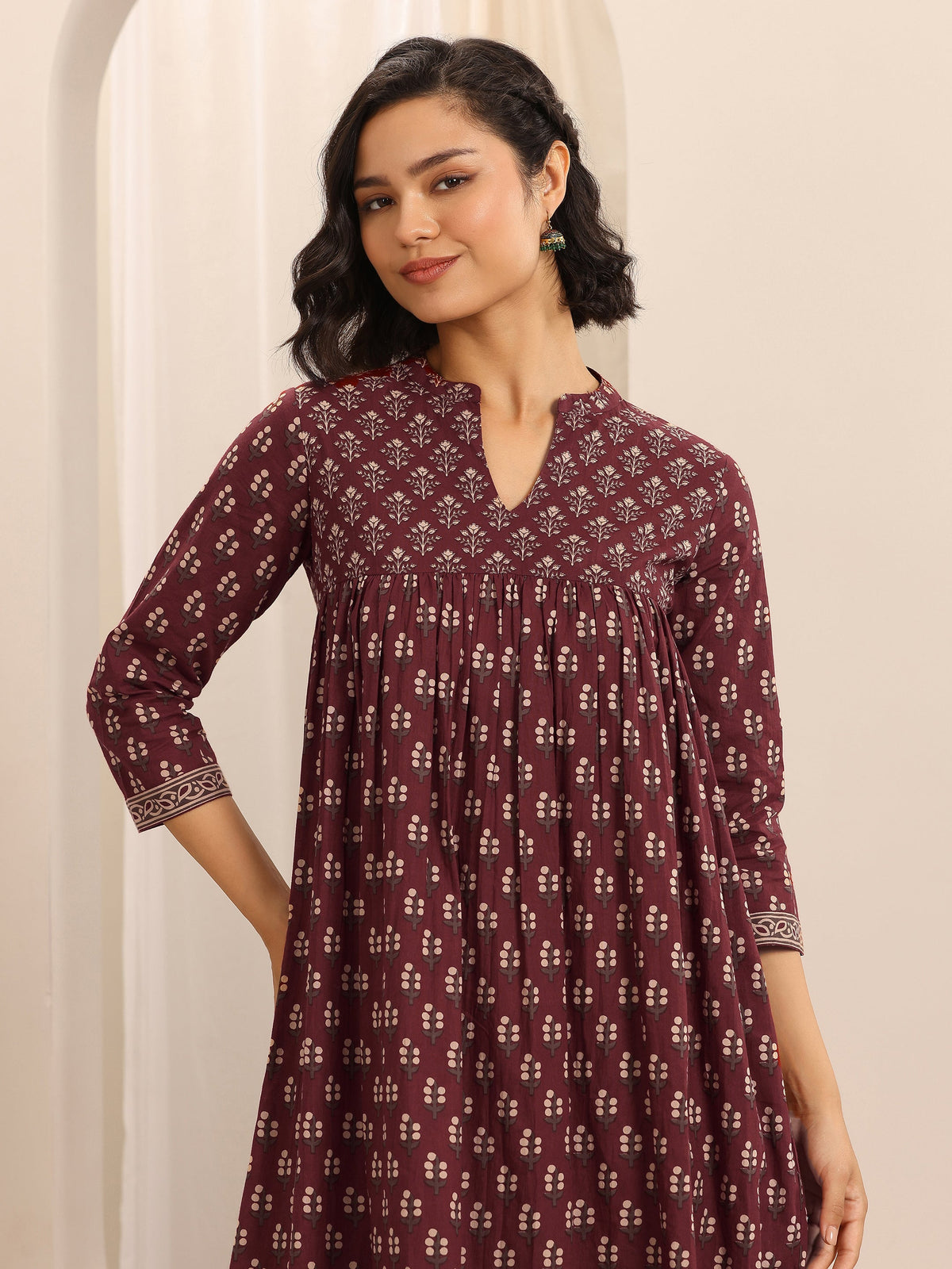 Anouk Maroon Printed Cotton Blend Anarkali Suit Set With Dupatta
