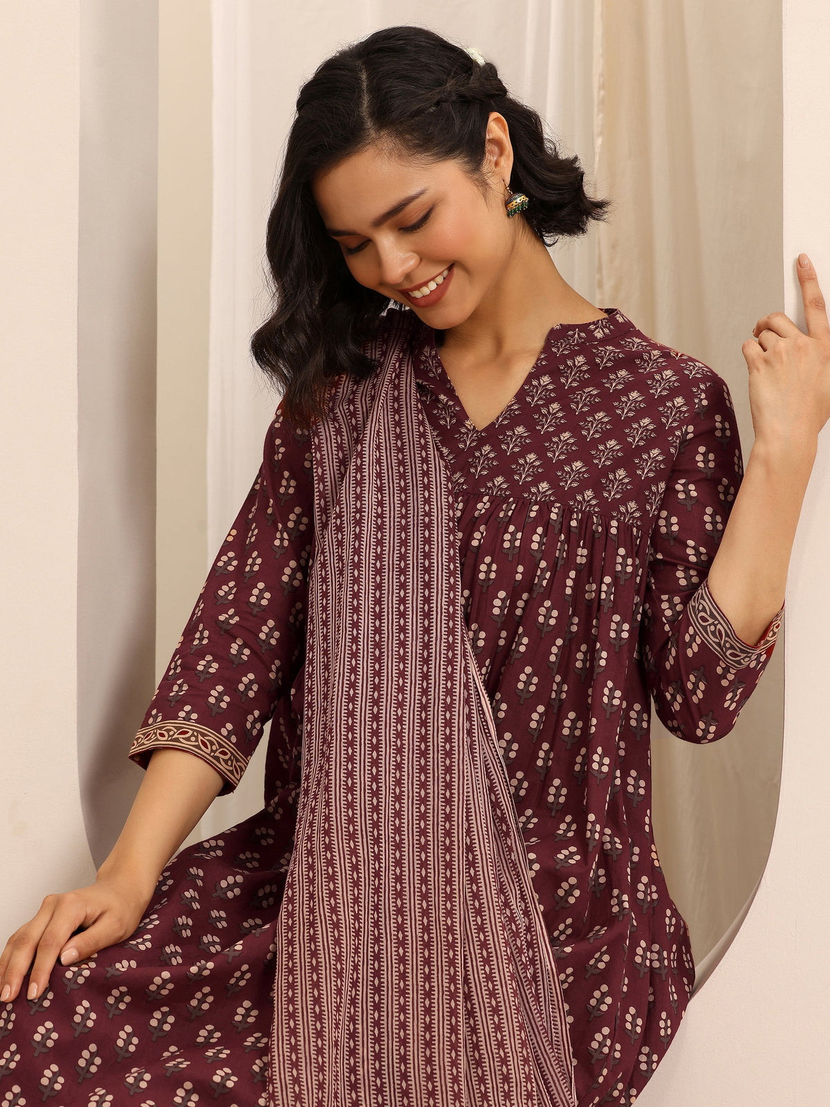 Anouk Maroon Printed Cotton Blend Anarkali Suit Set With Dupatta