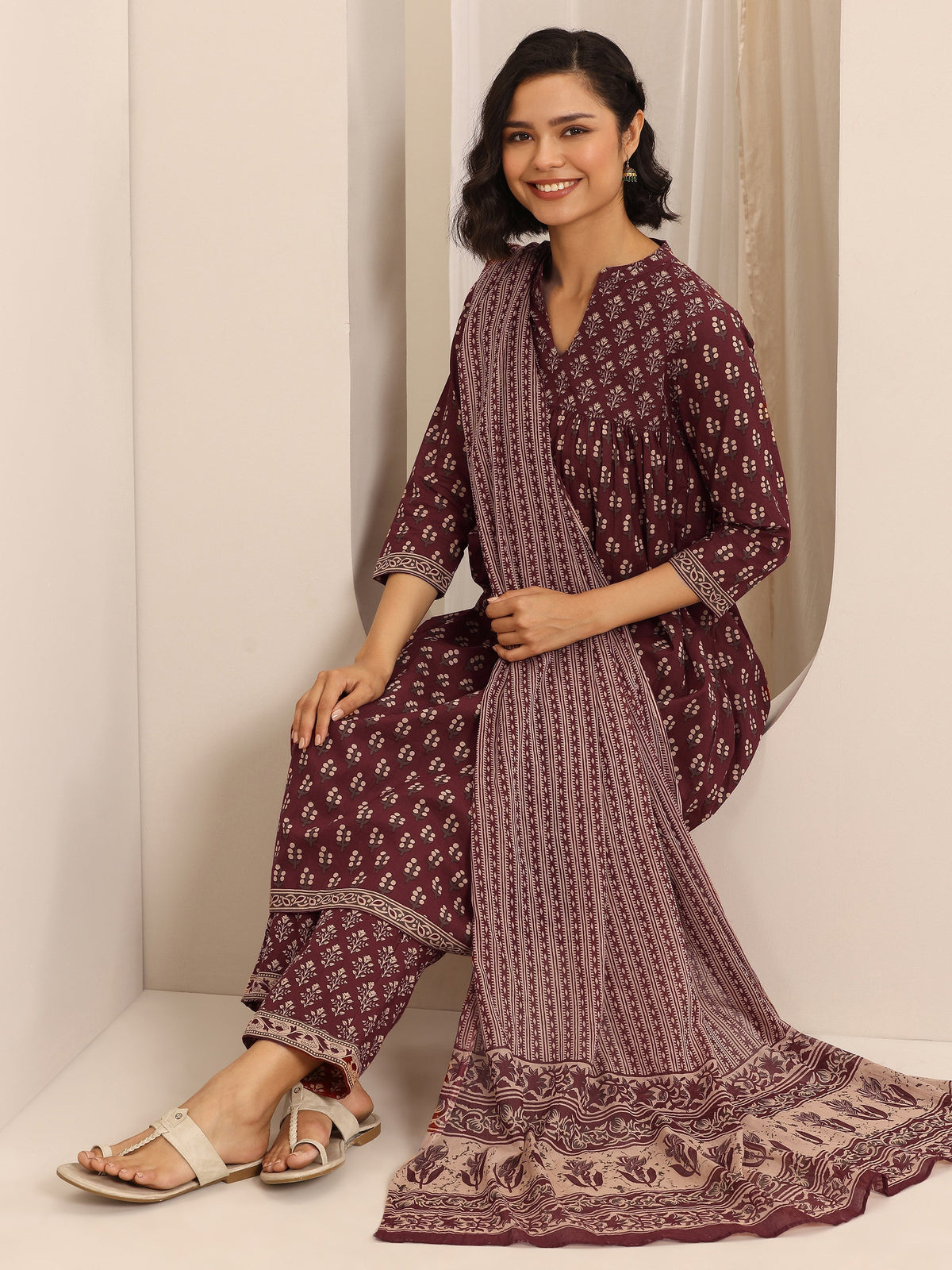Anouk Maroon Printed Cotton Blend Anarkali Suit Set With Dupatta