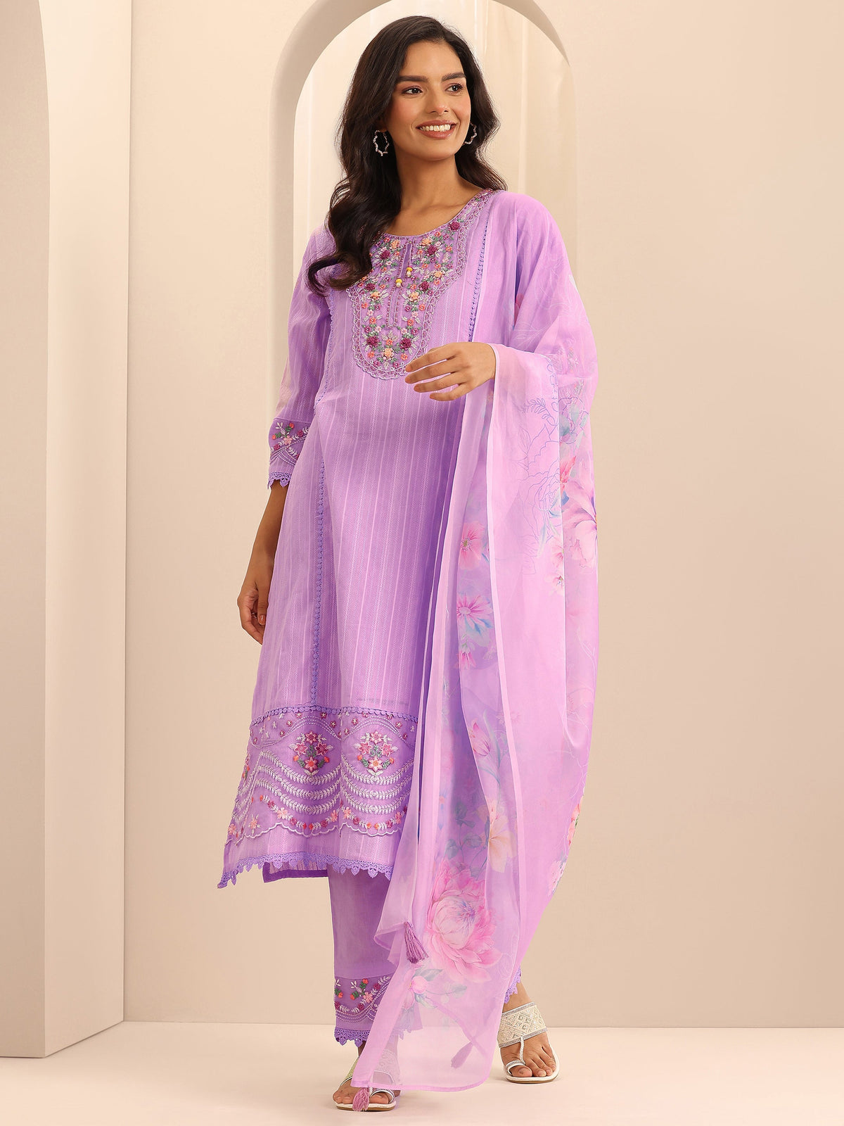 Anouk Lavender Embroidered Cotton Blend A-line Suit Set With Dupatta