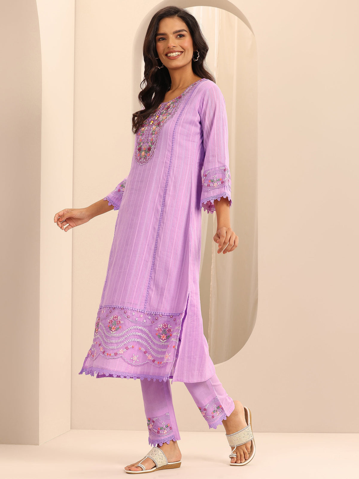 Anouk Lavender Embroidered Cotton Blend A-line Suit Set With Dupatta