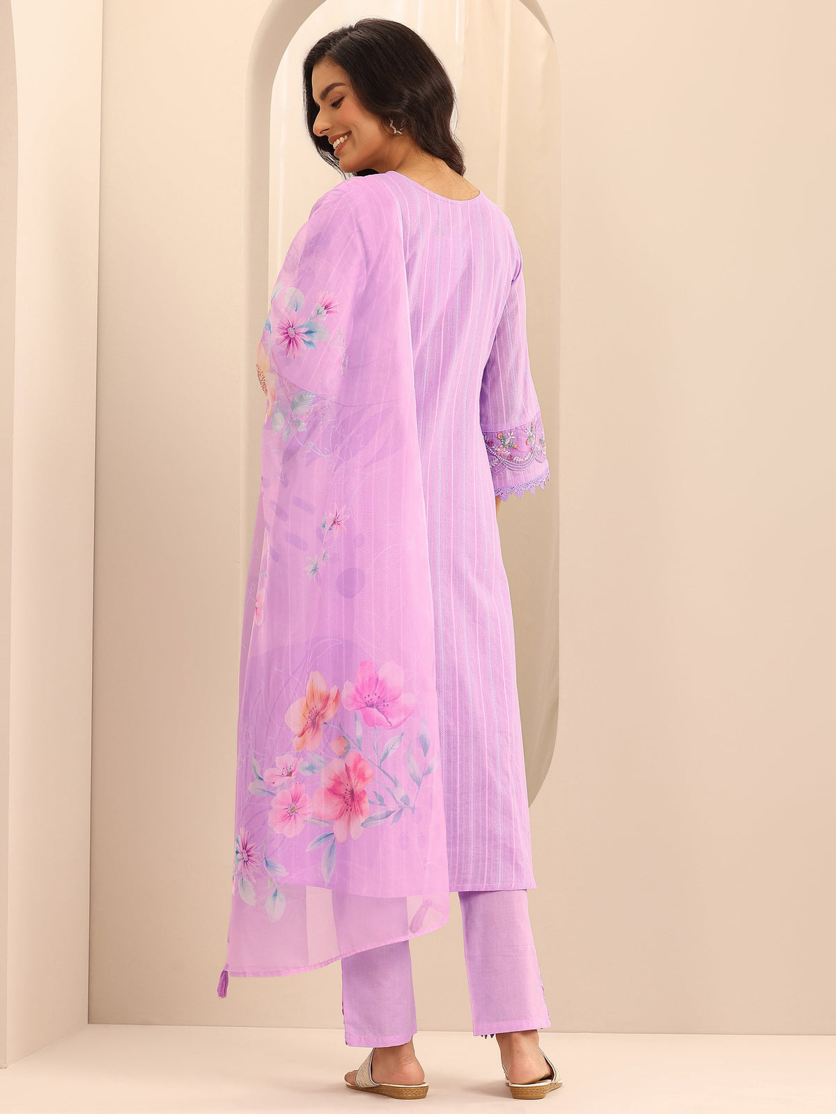 Anouk Lavender Embroidered Cotton Blend A-line Suit Set With Dupatta