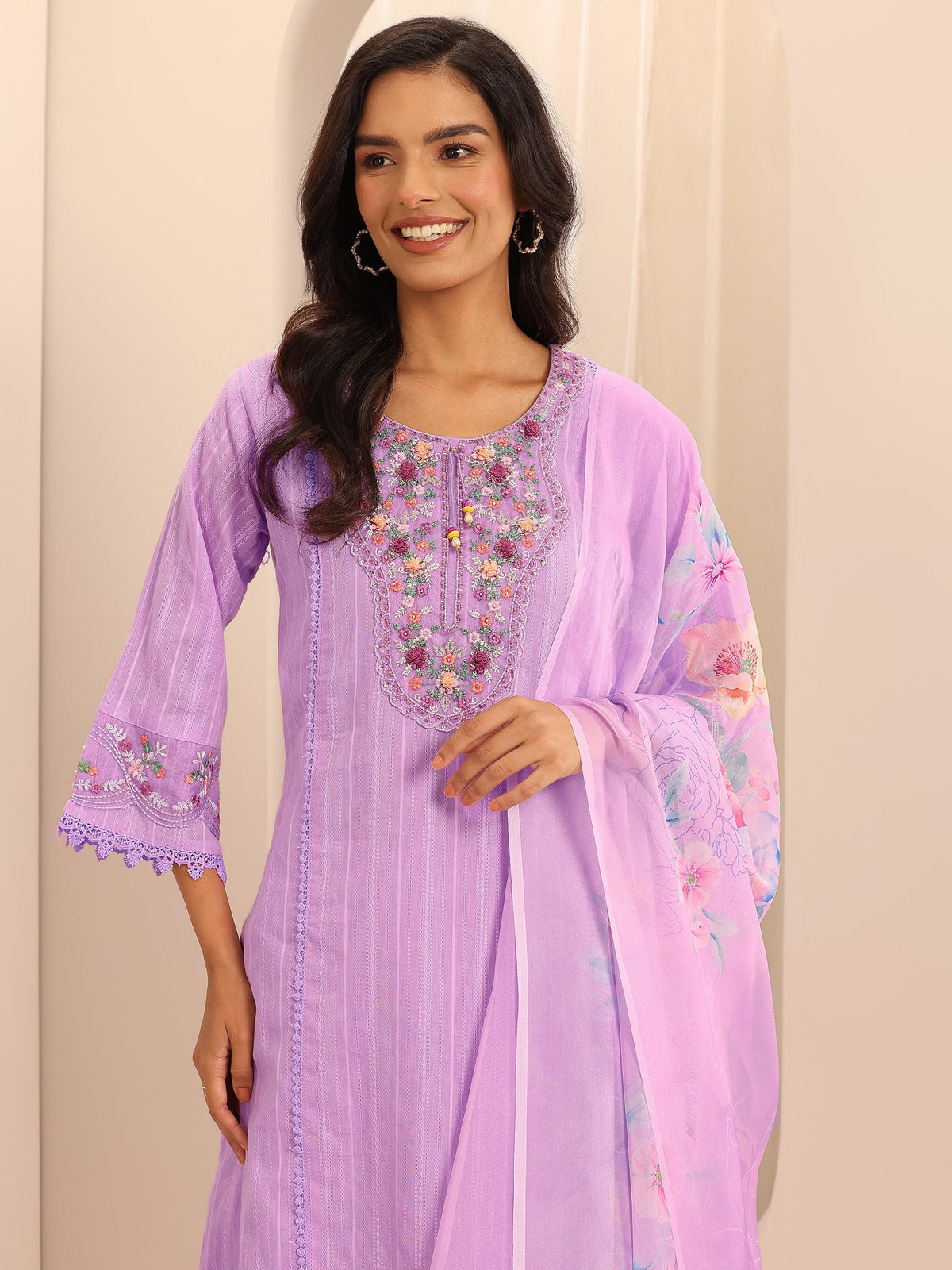 Anouk Lavender Embroidered Cotton Blend A-line Suit Set With Dupatta