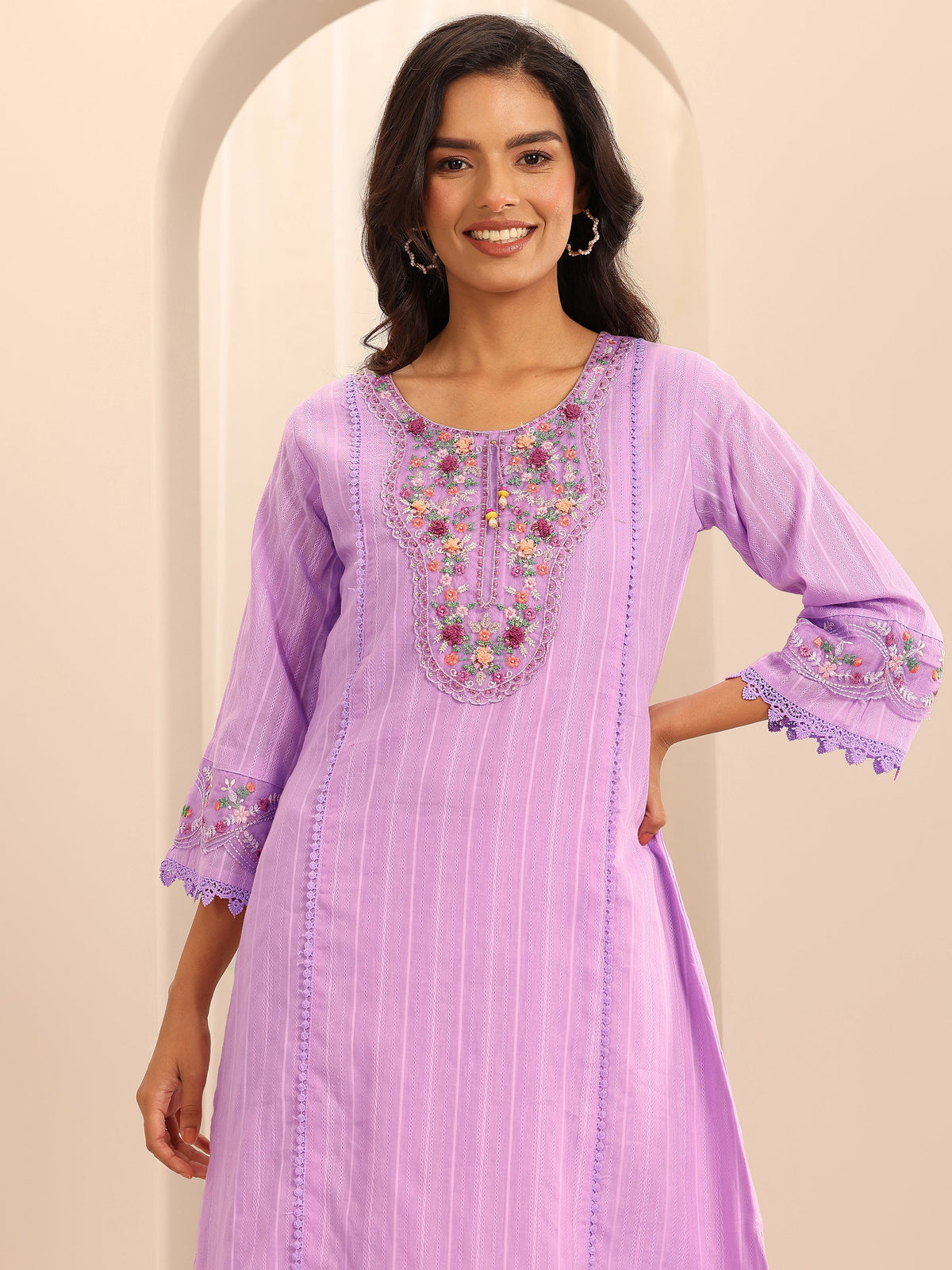 Anouk Lavender Embroidered Cotton Blend A-line Suit Set With Dupatta