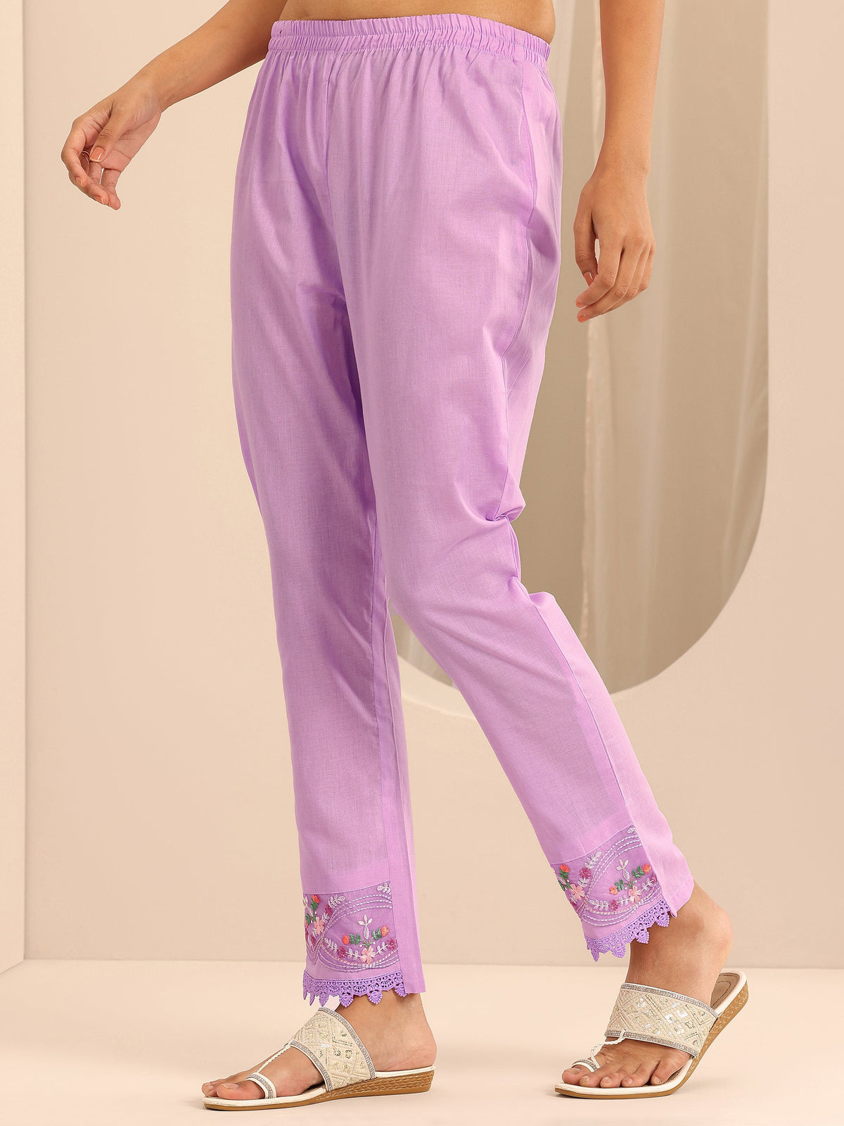 Anouk Lavender Embroidered Cotton Blend A-line Suit Set With Dupatta