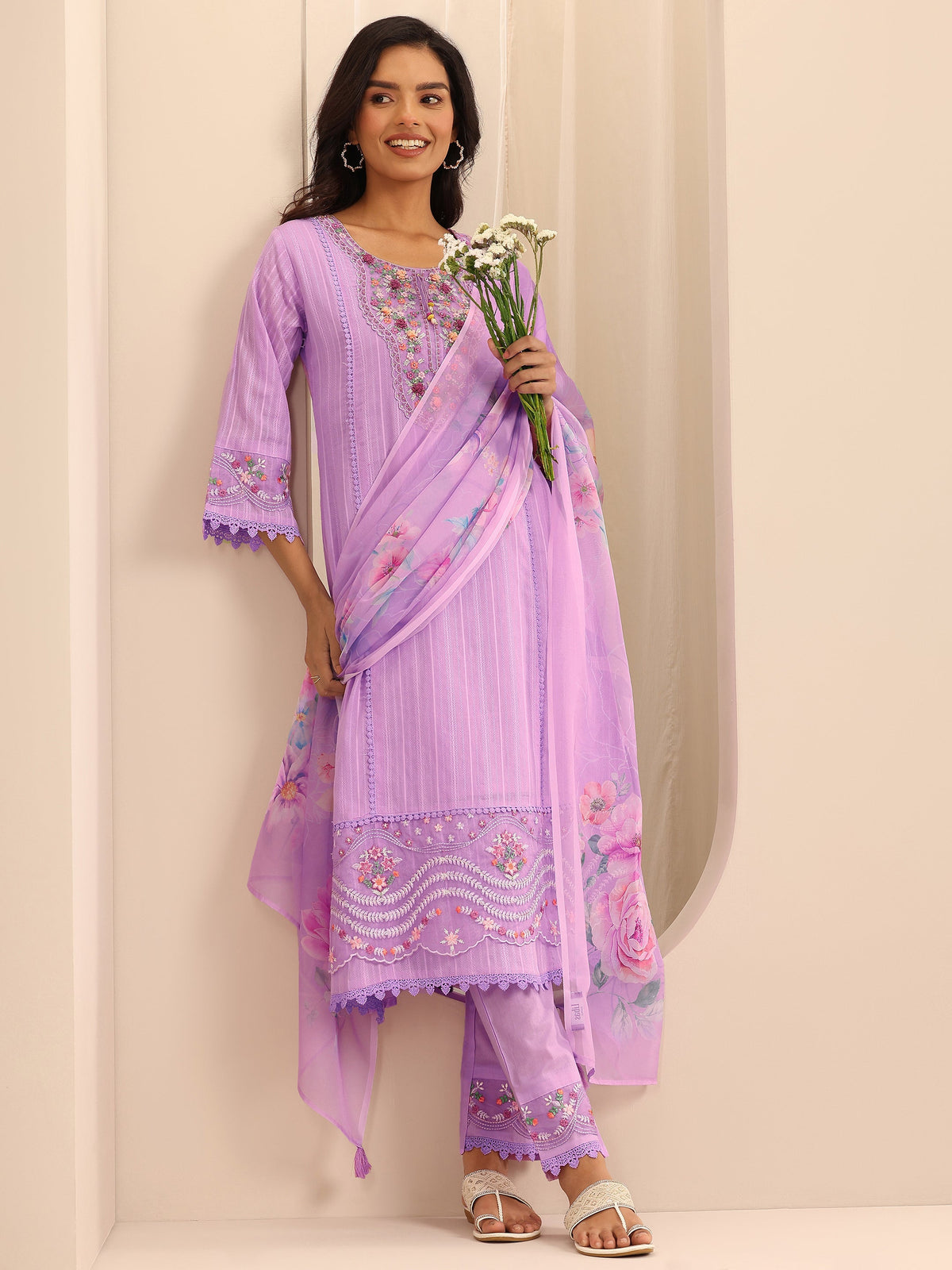 Anouk Lavender Embroidered Cotton Blend A-line Suit Set With Dupatta