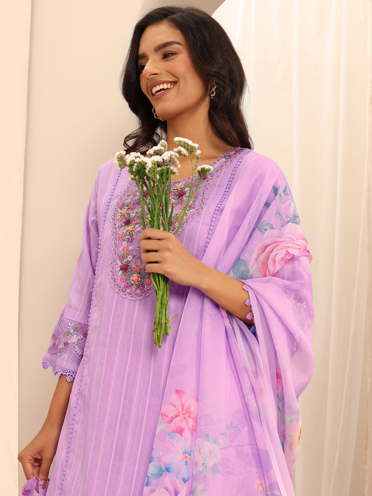 Anouk Lavender Embroidered Cotton Blend A-line Suit Set With Dupatta