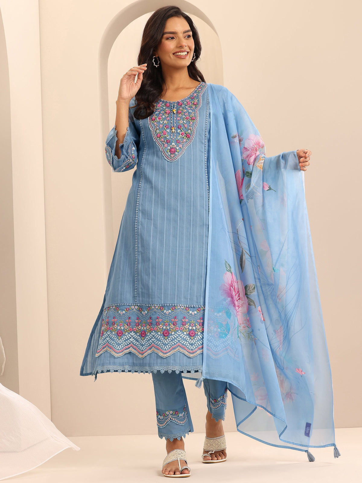 Anouk Blue Embroidered Cotton Blend A-line Suit Set With Dupatta