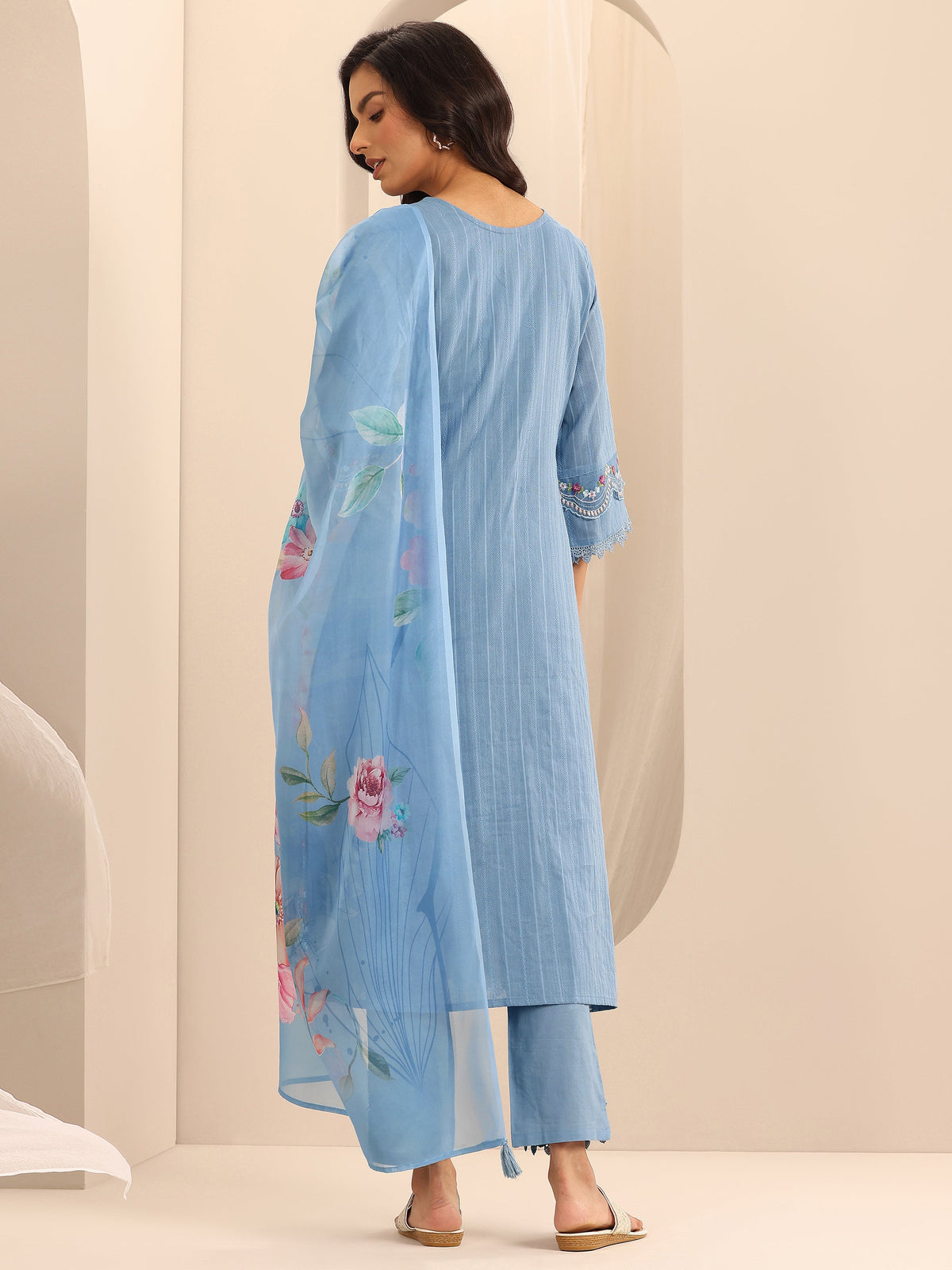 Anouk Blue Embroidered Cotton Blend A-line Suit Set With Dupatta