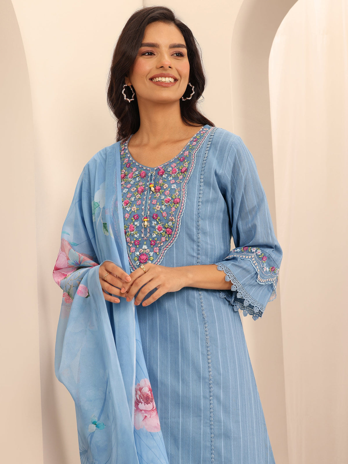Anouk Blue Embroidered Cotton Blend A-line Suit Set With Dupatta