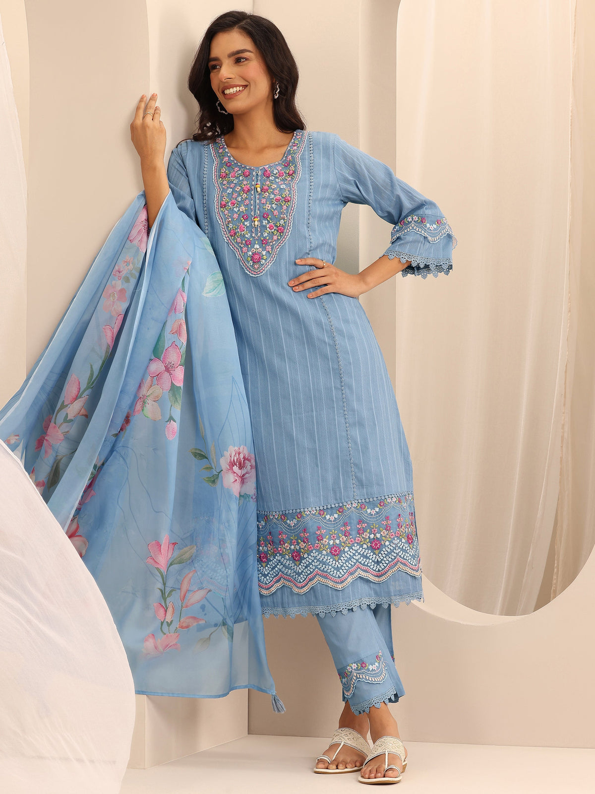 Anouk Blue Embroidered Cotton Blend A-line Suit Set With Dupatta
