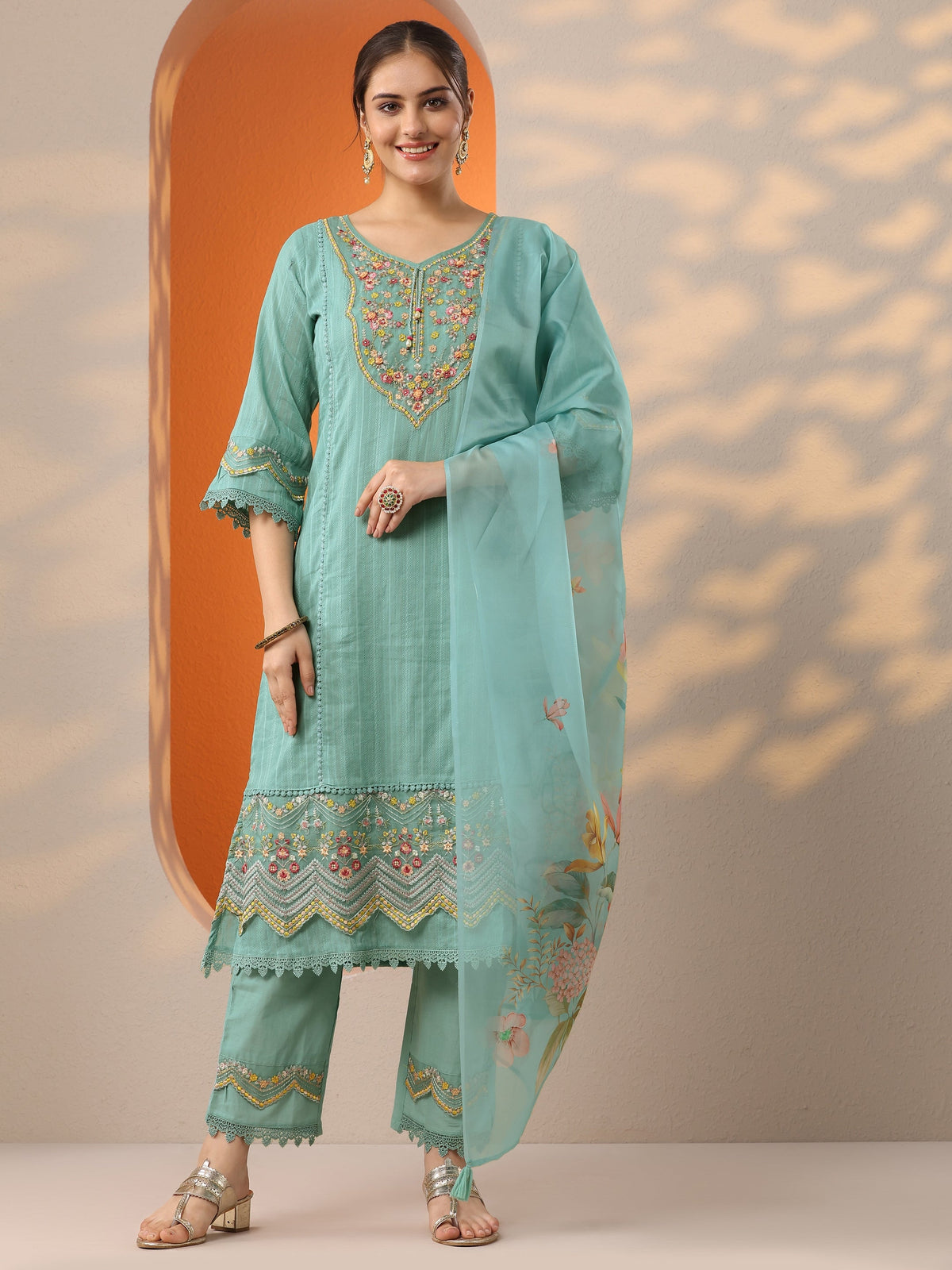 Anouk Turquoise blue Embroidered Cotton Blend A-line Suit Set With Dupatta
