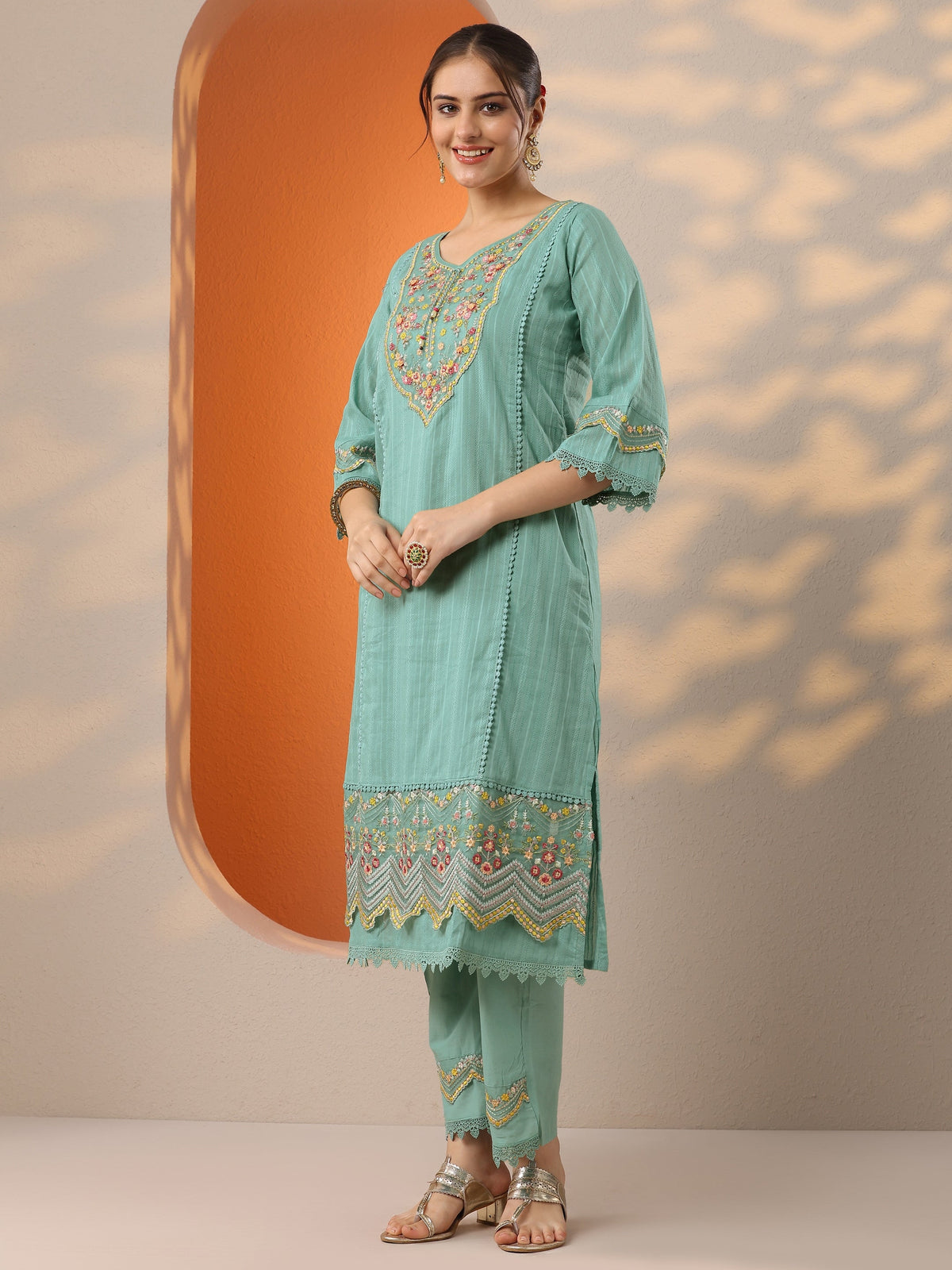 Anouk Turquoise blue Embroidered Cotton Blend A-line Suit Set With Dupatta