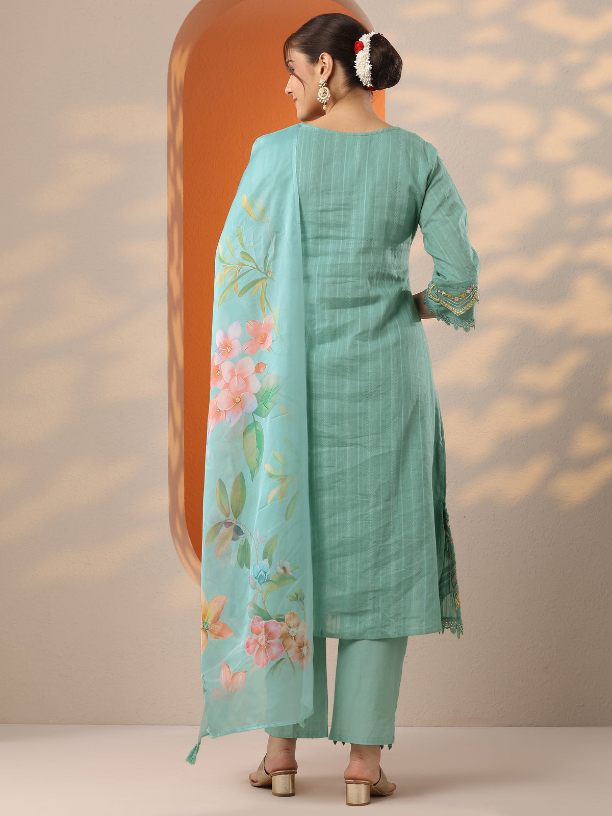 Anouk Turquoise blue Embroidered Cotton Blend A-line Suit Set With Dupatta