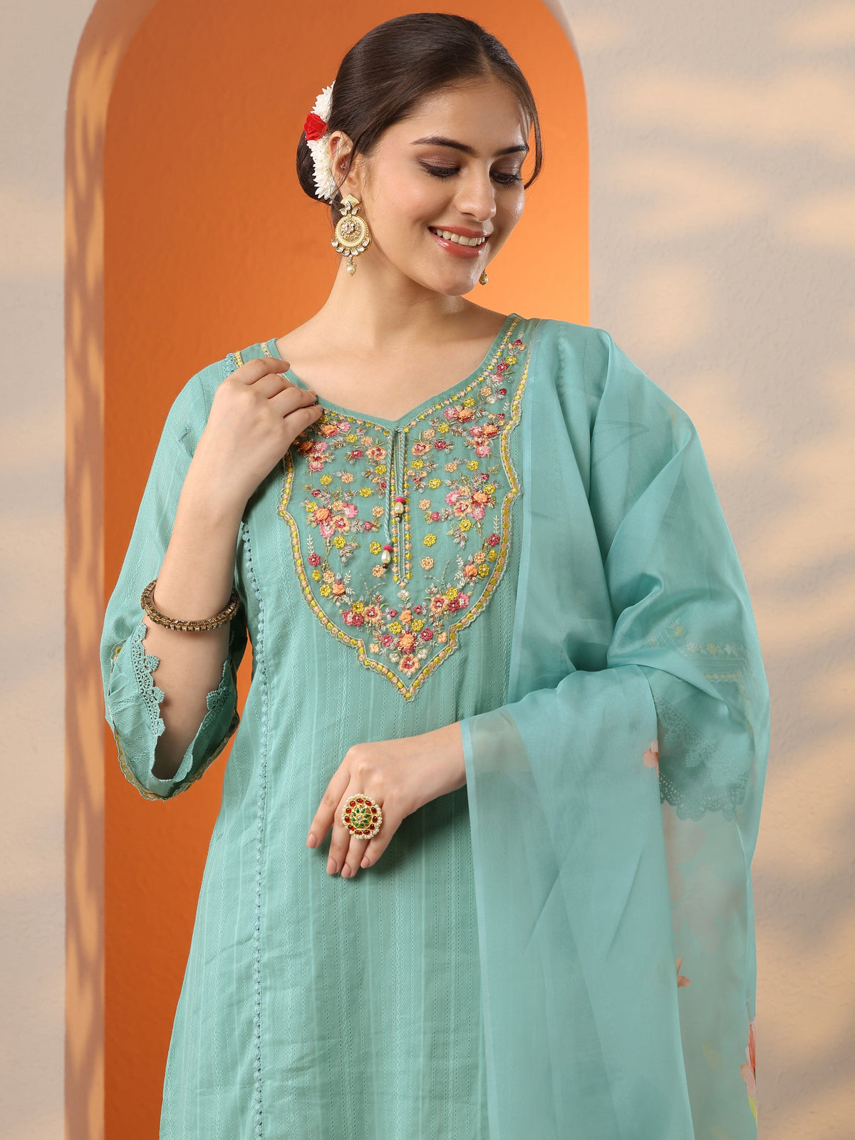 Anouk Turquoise blue Embroidered Cotton Blend A-line Suit Set With Dupatta