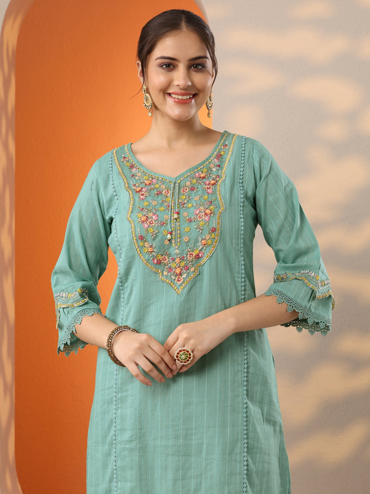 Anouk Turquoise blue Embroidered Cotton Blend A-line Suit Set With Dupatta