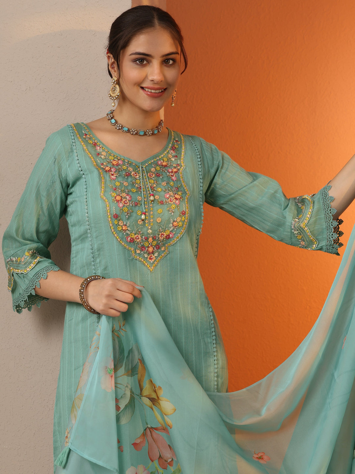 Anouk Turquoise blue Embroidered Cotton Blend A-line Suit Set With Dupatta