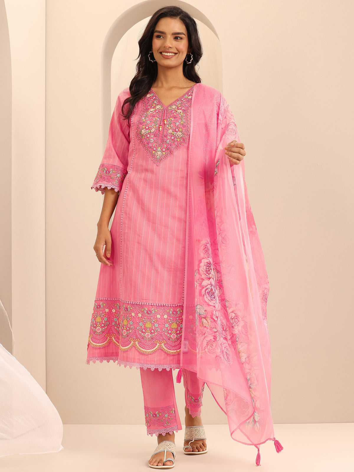 Anouk Peach Embroidered Cotton Blend A-line Suit Set With Dupatta