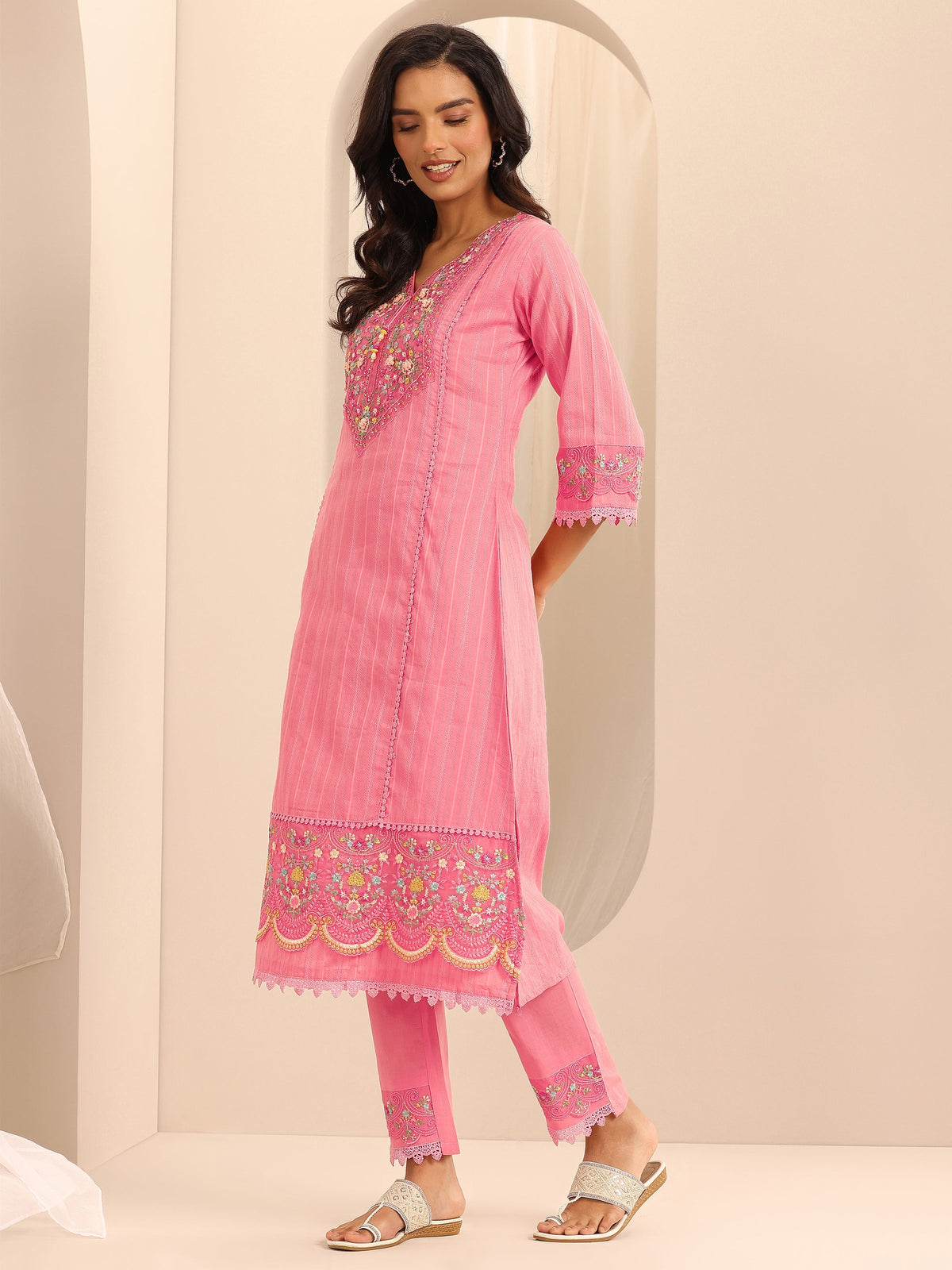Anouk Peach Embroidered Cotton Blend A-line Suit Set With Dupatta
