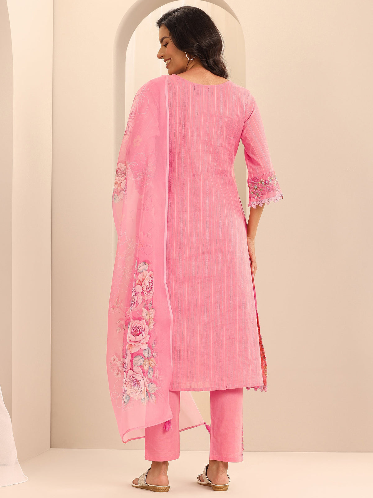 Anouk Peach Embroidered Cotton Blend A-line Suit Set With Dupatta