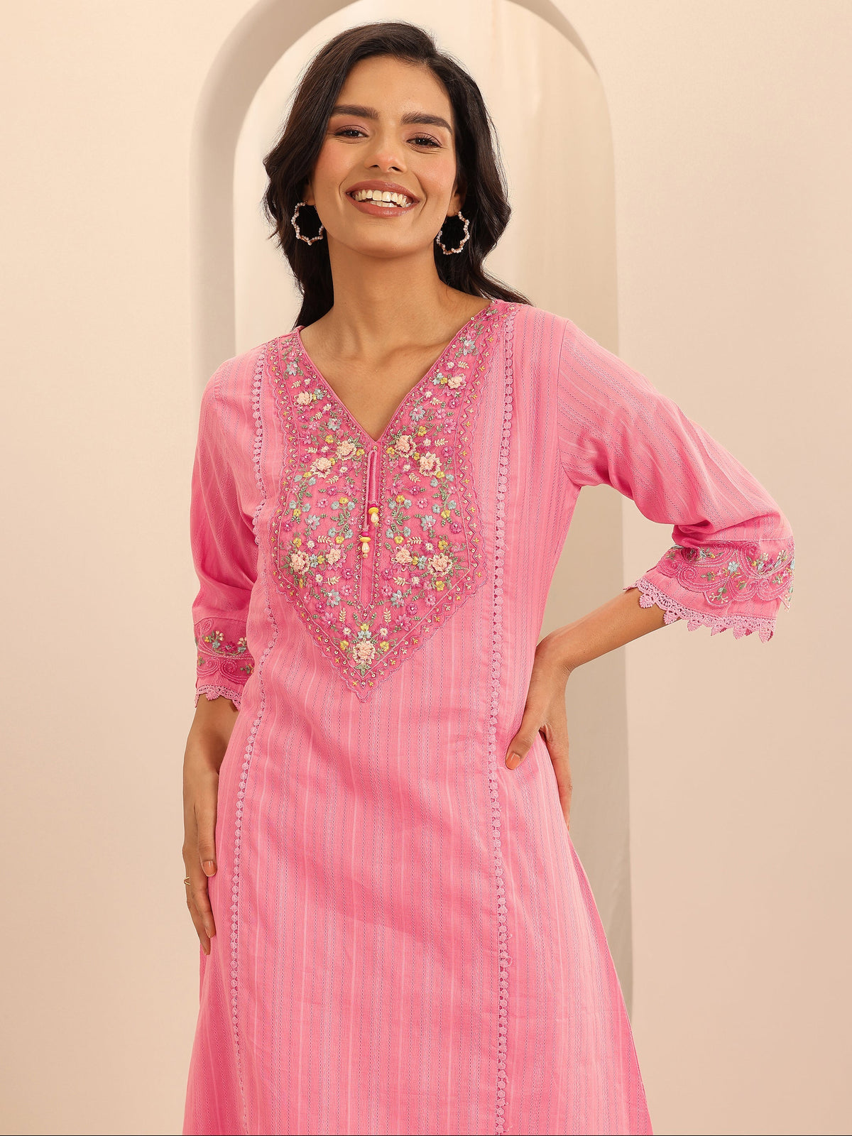 Anouk Peach Embroidered Cotton Blend A-line Suit Set With Dupatta
