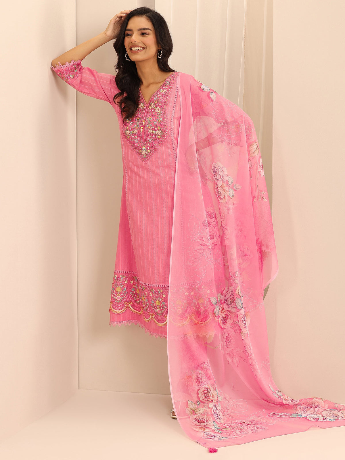 Anouk Peach Embroidered Cotton Blend A-line Suit Set With Dupatta