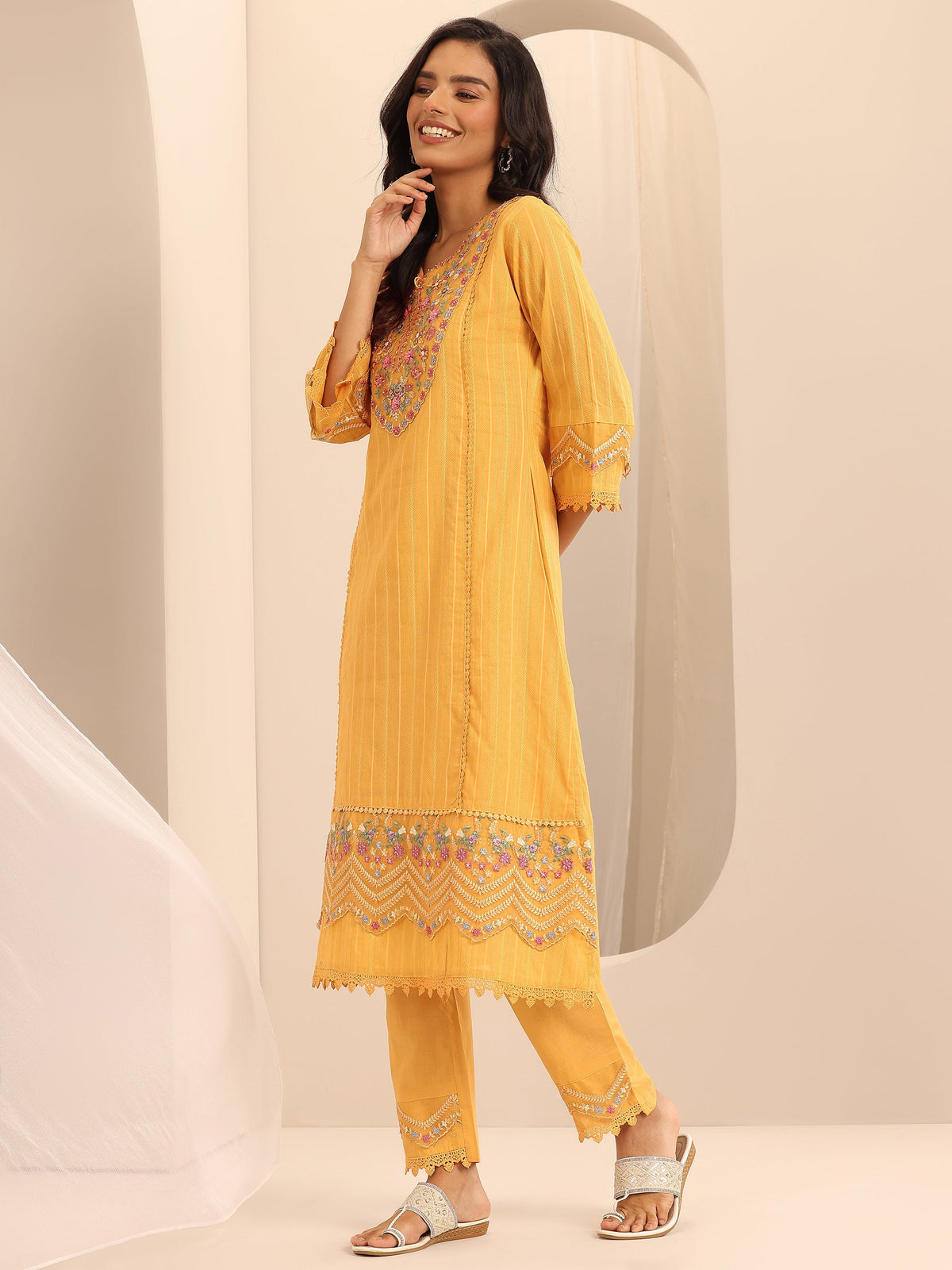 Anouk Mustard Embroidered Cotton Blend A-line Suit Set With Dupatta