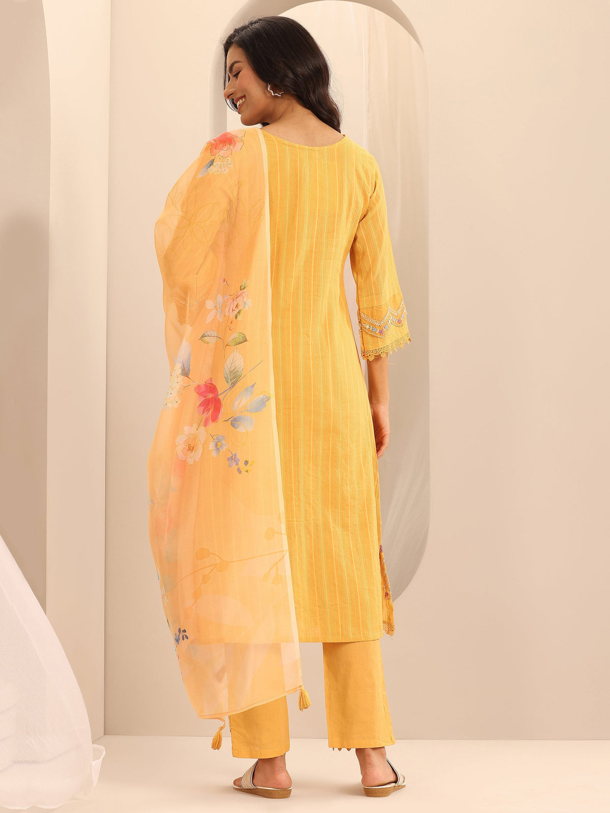 Anouk Mustard Embroidered Cotton Blend A-line Suit Set With Dupatta
