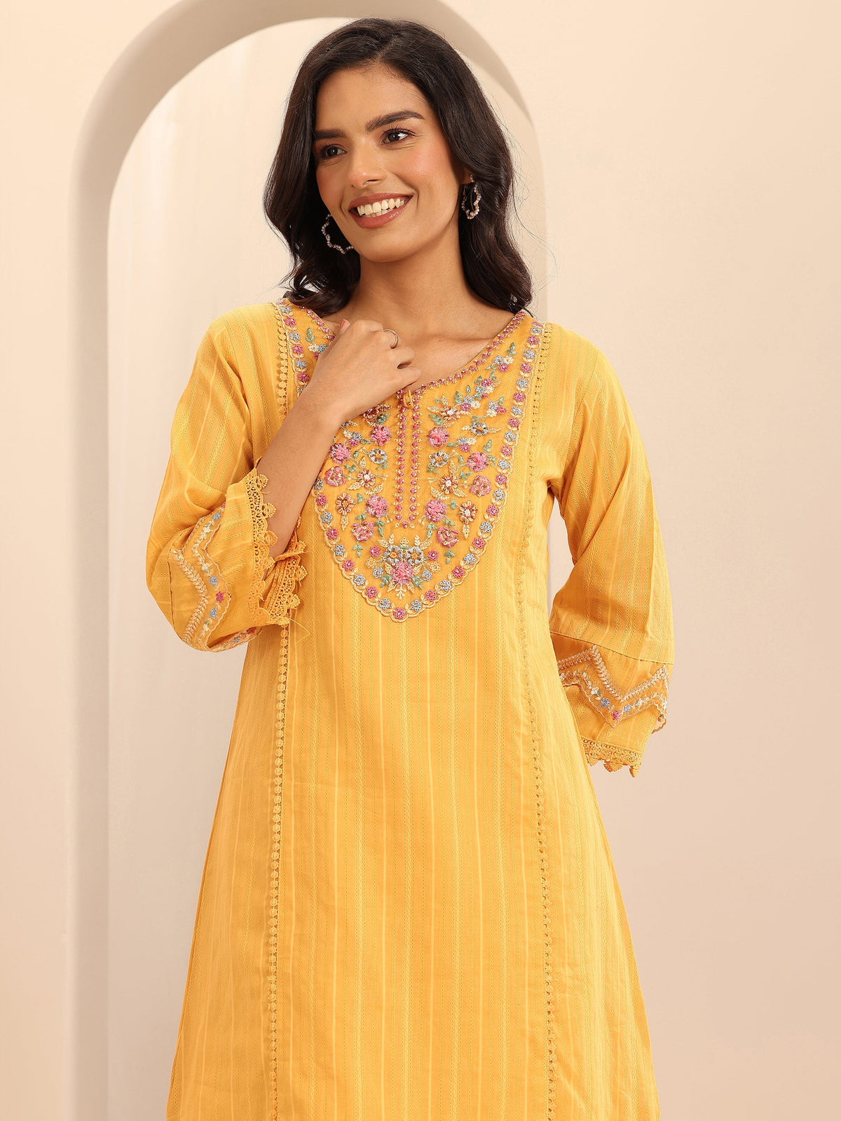 Anouk Mustard Embroidered Cotton Blend A-line Suit Set With Dupatta