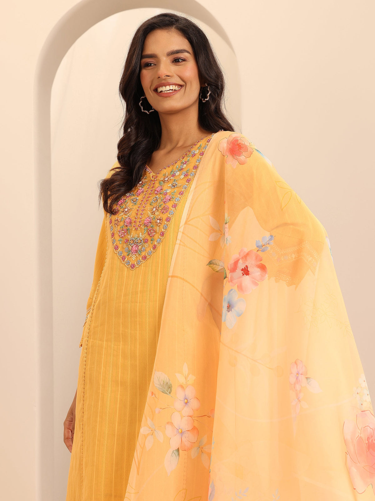Anouk Mustard Embroidered Cotton Blend A-line Suit Set With Dupatta
