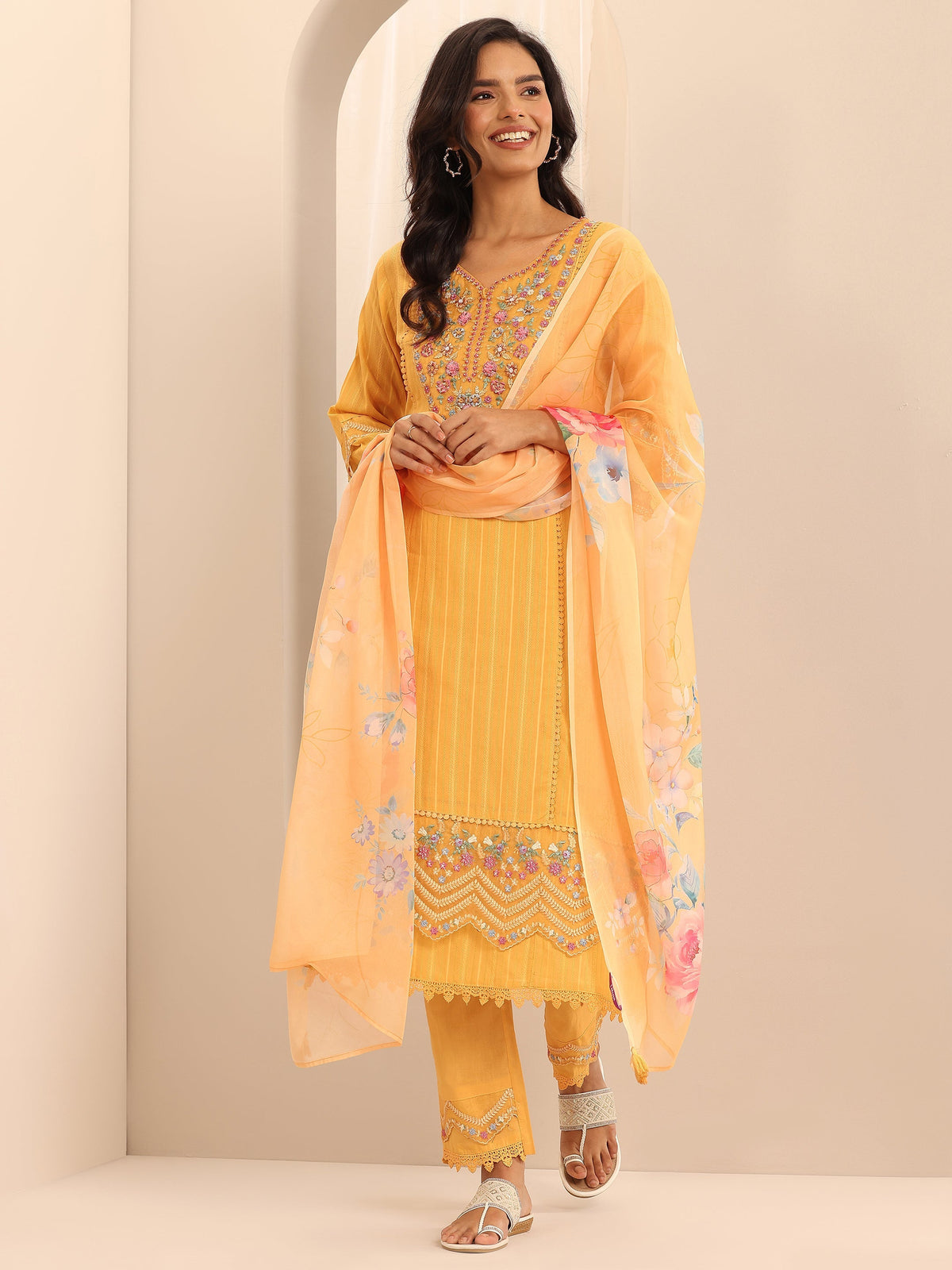 Anouk Mustard Embroidered Cotton Blend A-line Suit Set With Dupatta