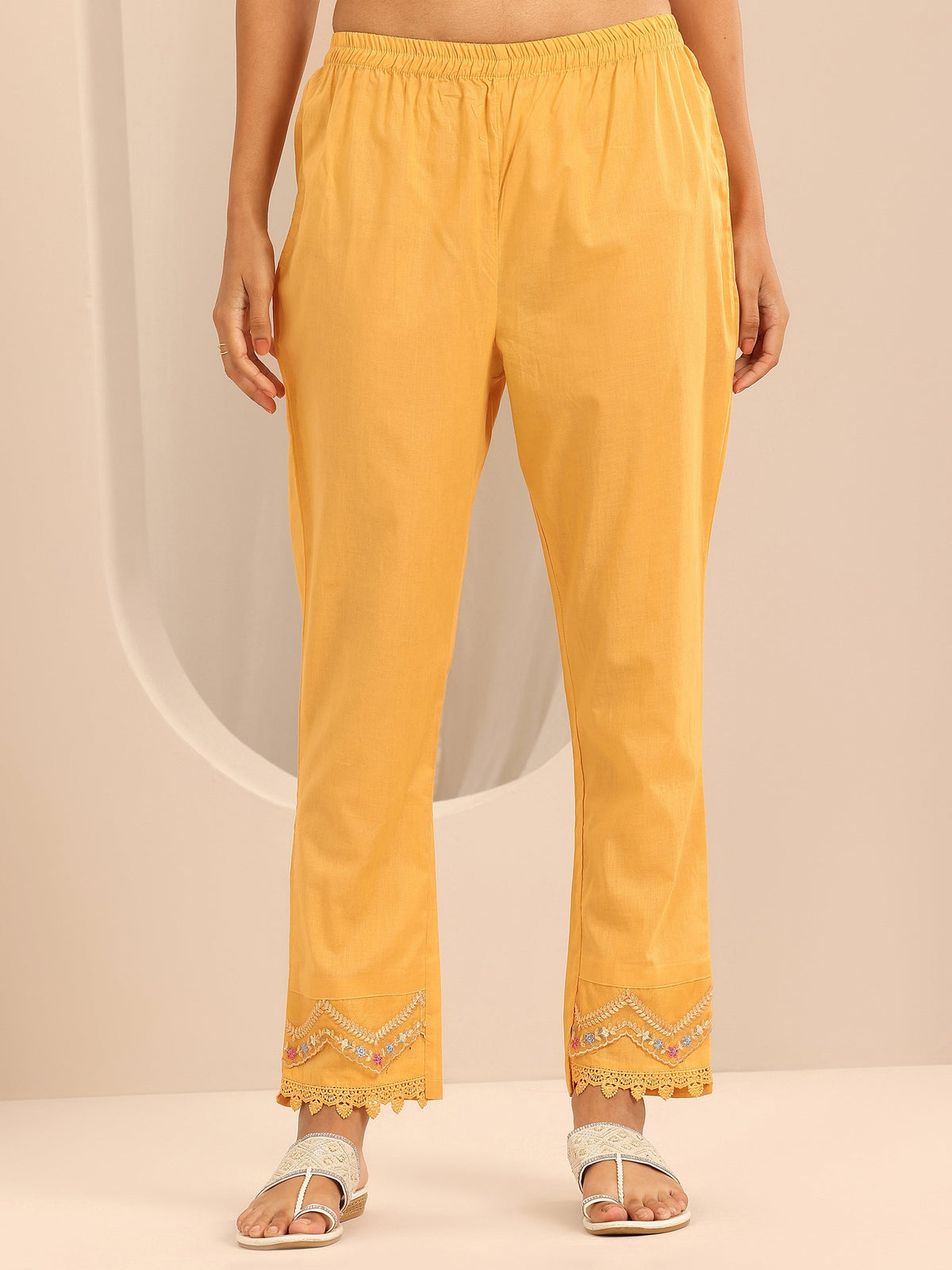 Anouk Mustard Embroidered Cotton Blend A-line Suit Set With Dupatta