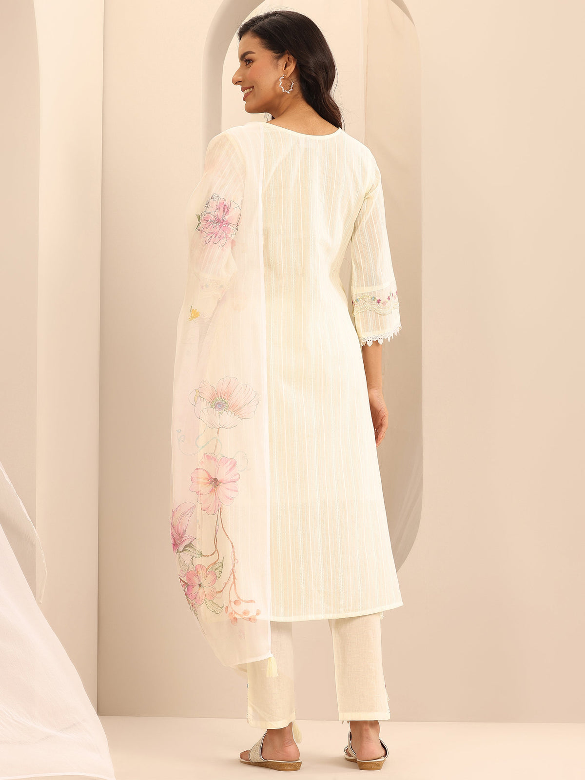 Anouk Off white Embroidered Cotton Blend A-line Suit Set With Dupatta