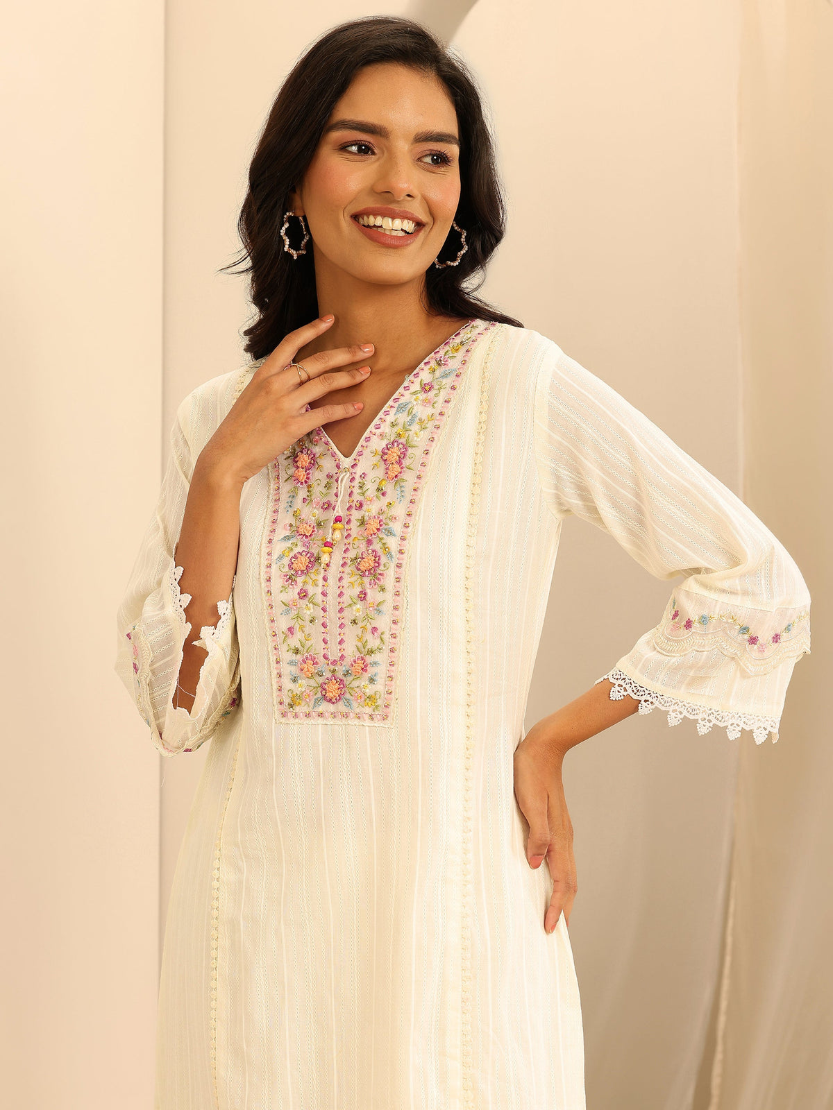 Anouk Off white Embroidered Cotton Blend A-line Suit Set With Dupatta