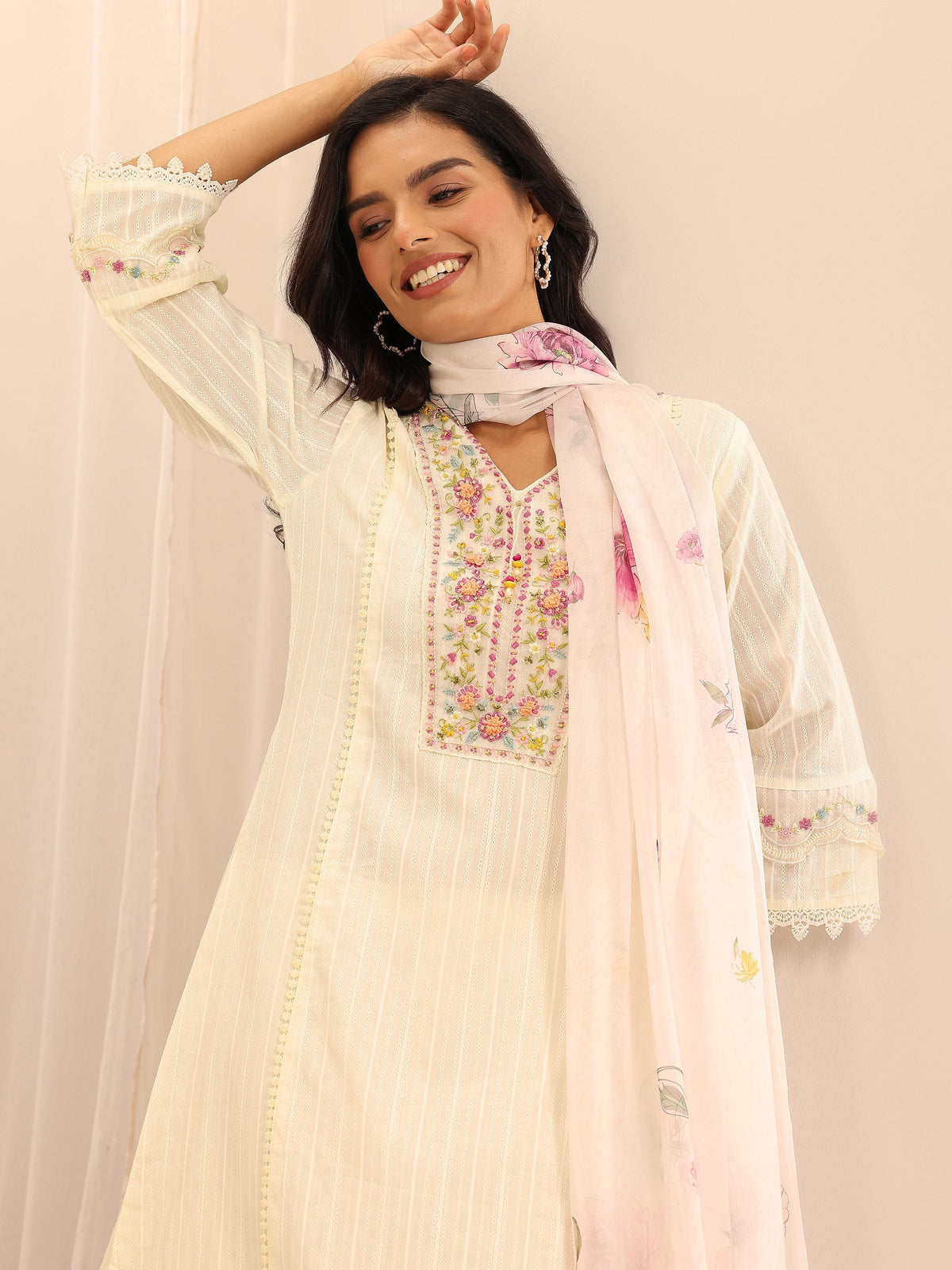 Anouk Off white Embroidered Cotton Blend A-line Suit Set With Dupatta