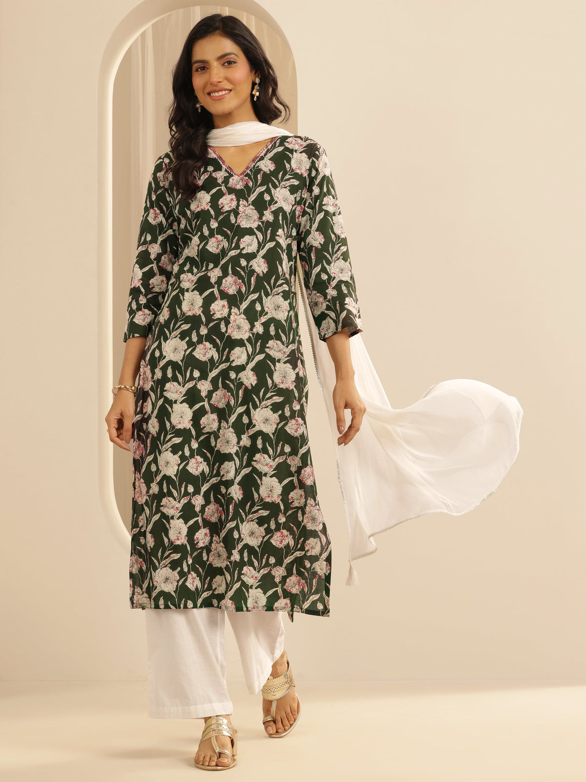 Anouk Green Printed Cotton Straight Suit Set With Dupatta