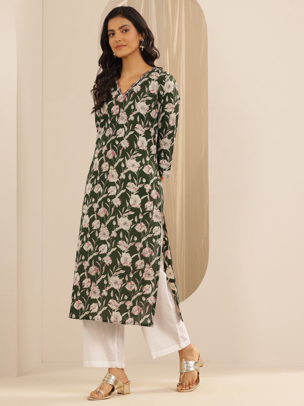 Anouk Green Printed Cotton Straight Suit Set With Dupatta