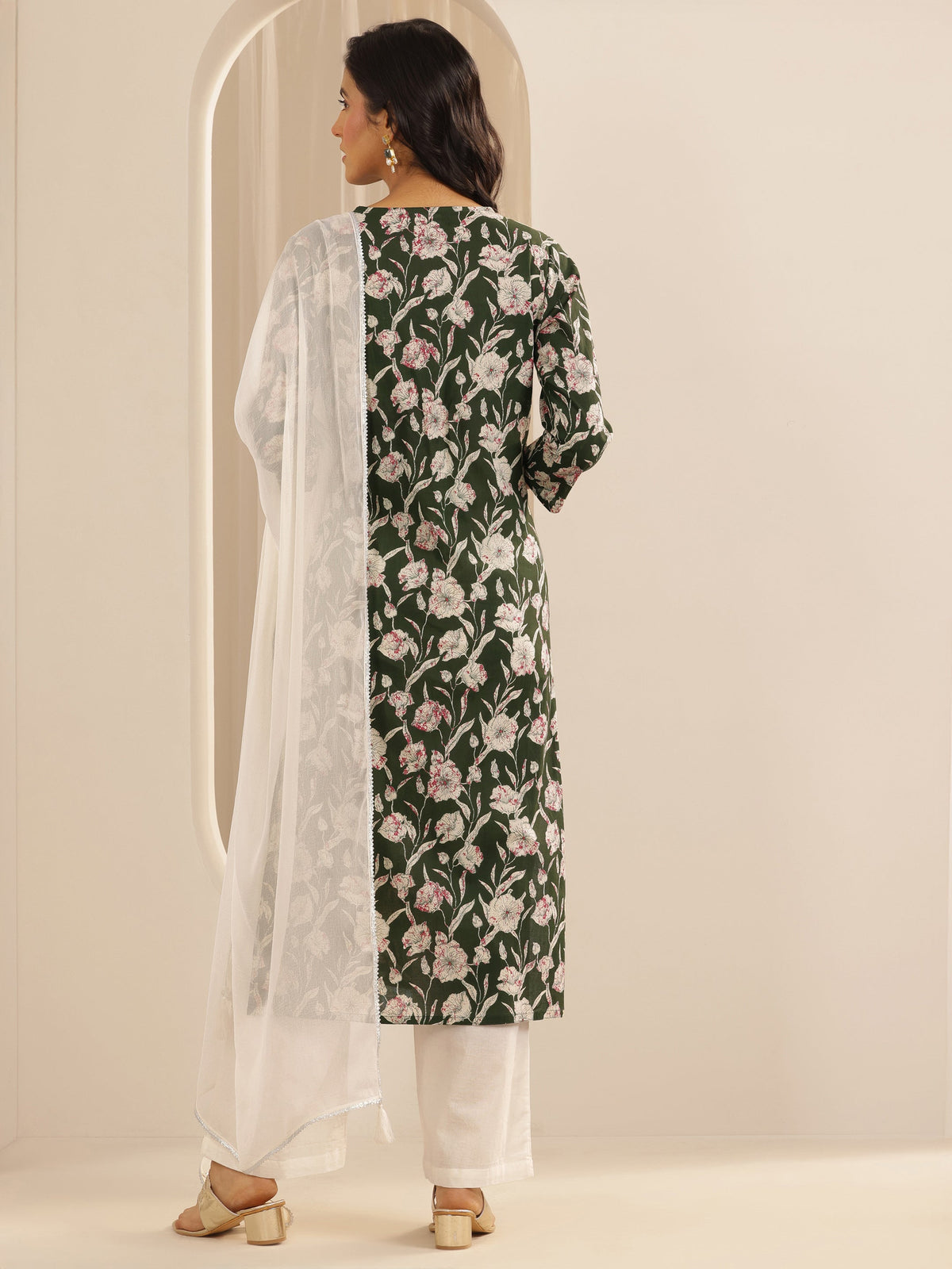 Anouk Green Printed Cotton Straight Suit Set With Dupatta