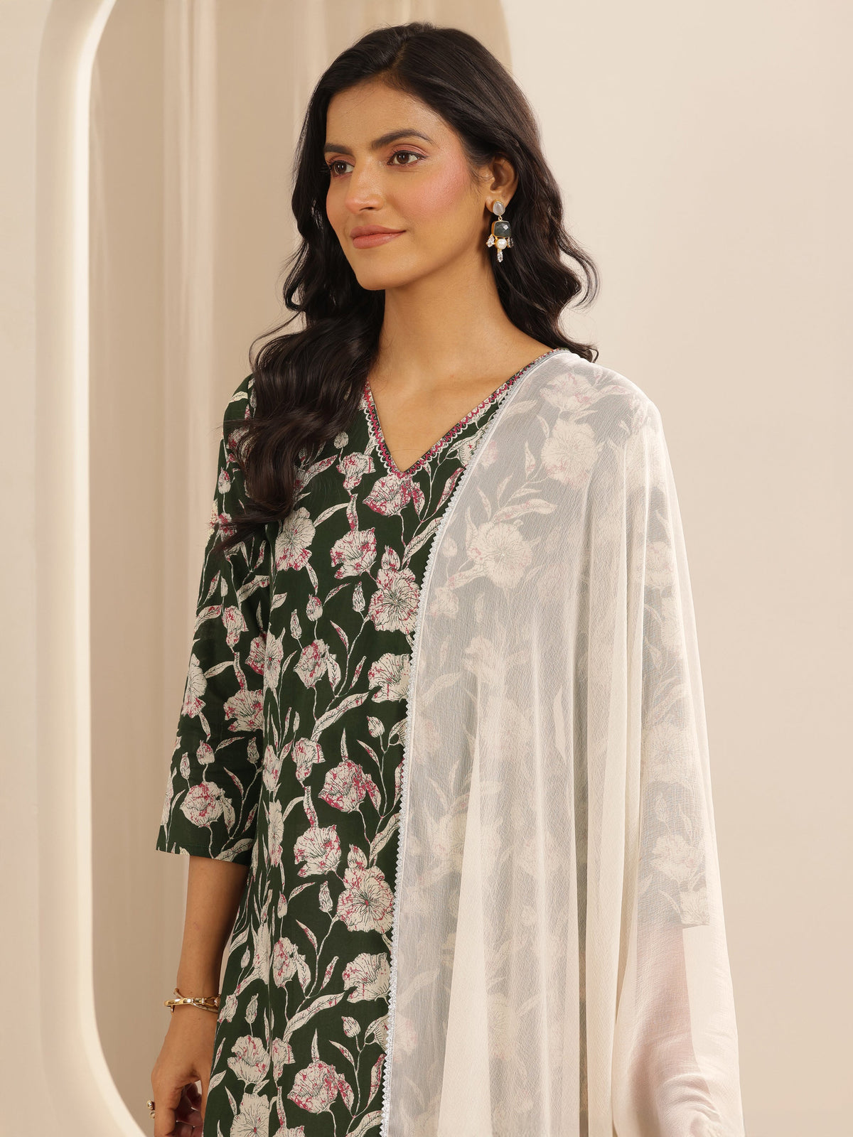 Anouk Green Printed Cotton Straight Suit Set With Dupatta
