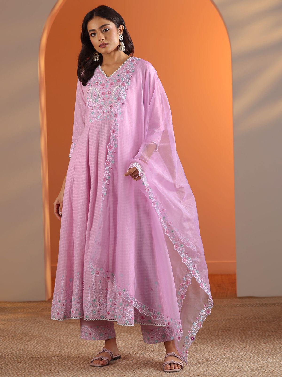 Anouk Lavender Embroidered Cotton Anarkali Suit Set With Dupatta