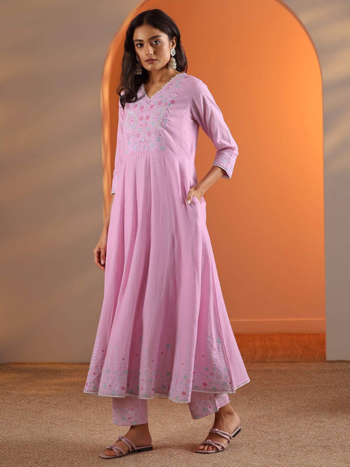 Anouk Lavender Embroidered Cotton Anarkali Suit Set With Dupatta